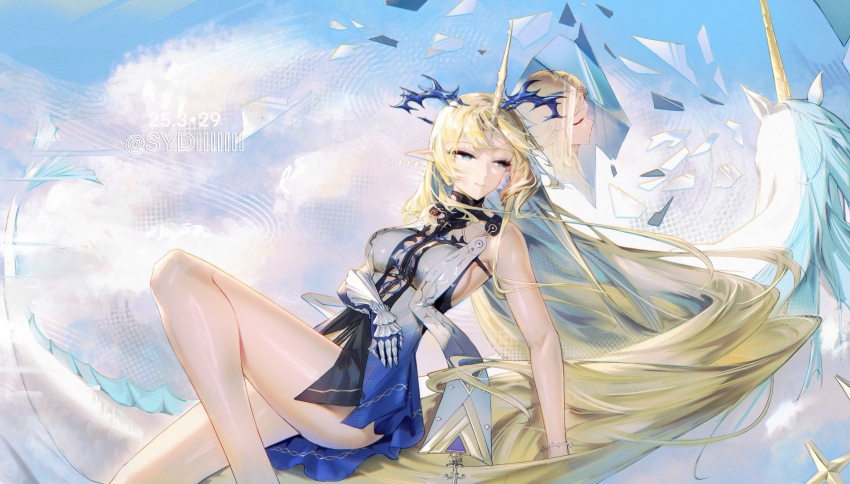 2girls absurdres arm_across_waist artist_name bare_legs bare_shoulders black_collar black_dress blonde_hair blue_eyes blue_hair breasts cartethyia_(wuthering_waves) chinese_commentary closed_mouth collar colored_inner_hair commentary_request crown_of_thorns dated dress fleurdelys_(wuthering_waves) highres horns imperator_(wuthering_waves) large_breasts legs long_hair looking_back multicolored_hair multiple_girls pointy_ears single_horn sitting solo_focus sydiiiiiii unicorn very_long_hair wind wuthering_waves yellow_horns