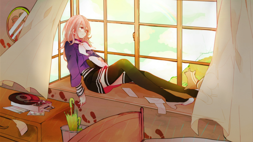 1girl ama_no_jaku_(vocaloid) black_thighhighs chipmunk curtains hat highres long_hair pekikokko phonograph photo_(object) pink_hair record sitting skirt squirrel tears thighhighs turntable umbrella vocaloid window