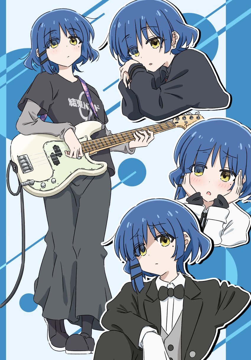 1girl absurdres arm_on_knee averting_eyes bass_guitar black_bow black_bowtie black_jacket black_shirt black_shoes blue_background blue_hair blush bocchi_the_rock! bow bowtie cable_tie closed_mouth collared_shirt dot_nose earrings elbow_rest electric_bass_guitar eyes_visible_through_hair fender_precision_bass gloves grey_skirt guitar hair_ornament hairclip hands_on_own_face head_rest highres holding holding_guitar holding_instrument instrument jacket jewelry kessoku_band_logo kessoku_band_t-shirt lapels layered_sleeves long_skirt long_sleeves looking_at_viewer mayo_(oekaki_bibbi) mole mole_under_eye multiple_views open_mouth outline own_hands_together parted_lips shirt shoes short_hair short_over_long_sleeves short_sleeves skirt suit_jacket t-shirt tuxedo white_gloves white_outline white_shirt yamada_ryo yellow_eyes
