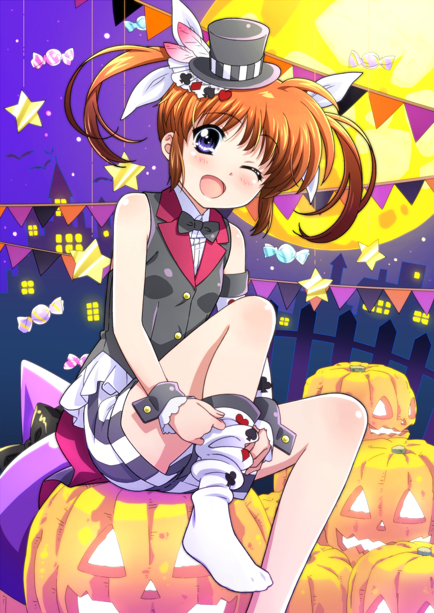 1girl absurdres adjusting_clothes adjusting_legwear bat_(animal) black_bow black_bowtie black_hat black_jacket black_shorts blazer blue_eyes bow bowtie brown_hair candy commentary dress_shirt food frilled_jacket frills full_moon hair_ribbon halloween halloween_costume hat highres jack-o&#039;-lantern jacket knee_up looking_at_viewer lyrical_nanoha lyrical_store mahou_shoujo_lyrical_nanoha medium_hair mini_hat mini_top_hat miyajima_hitoshi moon night night_sky one_eye_closed open_mouth ribbon shirt short_shorts shorts sitting sky sleeveless sleeveless_jacket smile socks solo star_(symbol) string_of_flags striped_clothes striped_shorts takamachi_nanoha tilted_headwear top_hat twintails vertical-striped_clothes vertical-striped_shorts white_ribbon white_shirt white_socks witch_hat wrist_cuffs