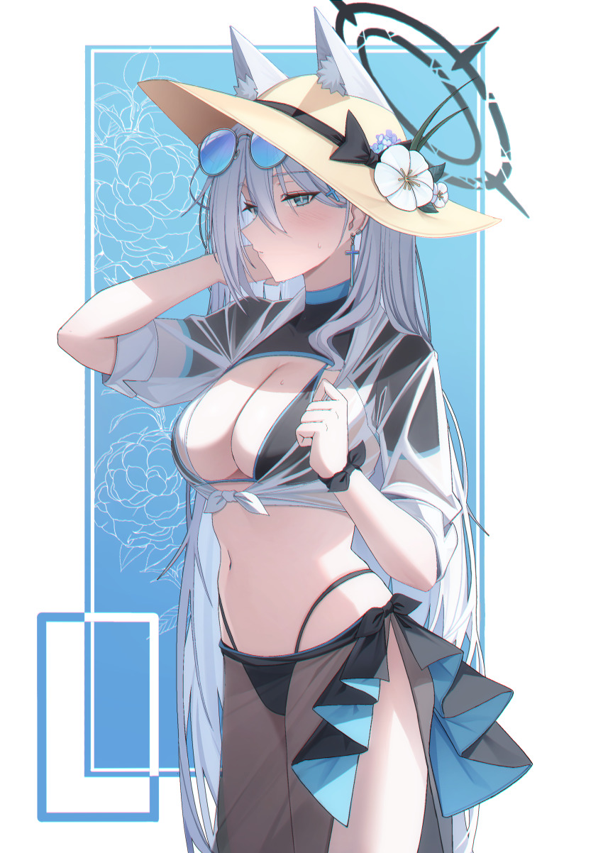 1girl absurdres alternate_costume animal_ear_fluff animal_ears bikini black_bikini black_halo black_shirt black_skirt blue_archive blue_eyes blue_flower blush bow broken_halo closed_mouth cropped_shirt eyewear_on_head flower hair_between_eyes halo hand_in_own_hair hat hat_bow hat_flower highleg highleg_bikini highres long_hair looking_at_viewer navel pang-yo round_eyewear see-through_clothes see-through_shirt see-through_skirt shiroko_(blue_archive) shiroko_terror_(blue_archive) shirt sidelocks skirt solo stomach sun_hat sunglasses sweatdrop swimsuit tied_shirt white_flower white_shirt wolf_ears wolf_girl yellow_hat