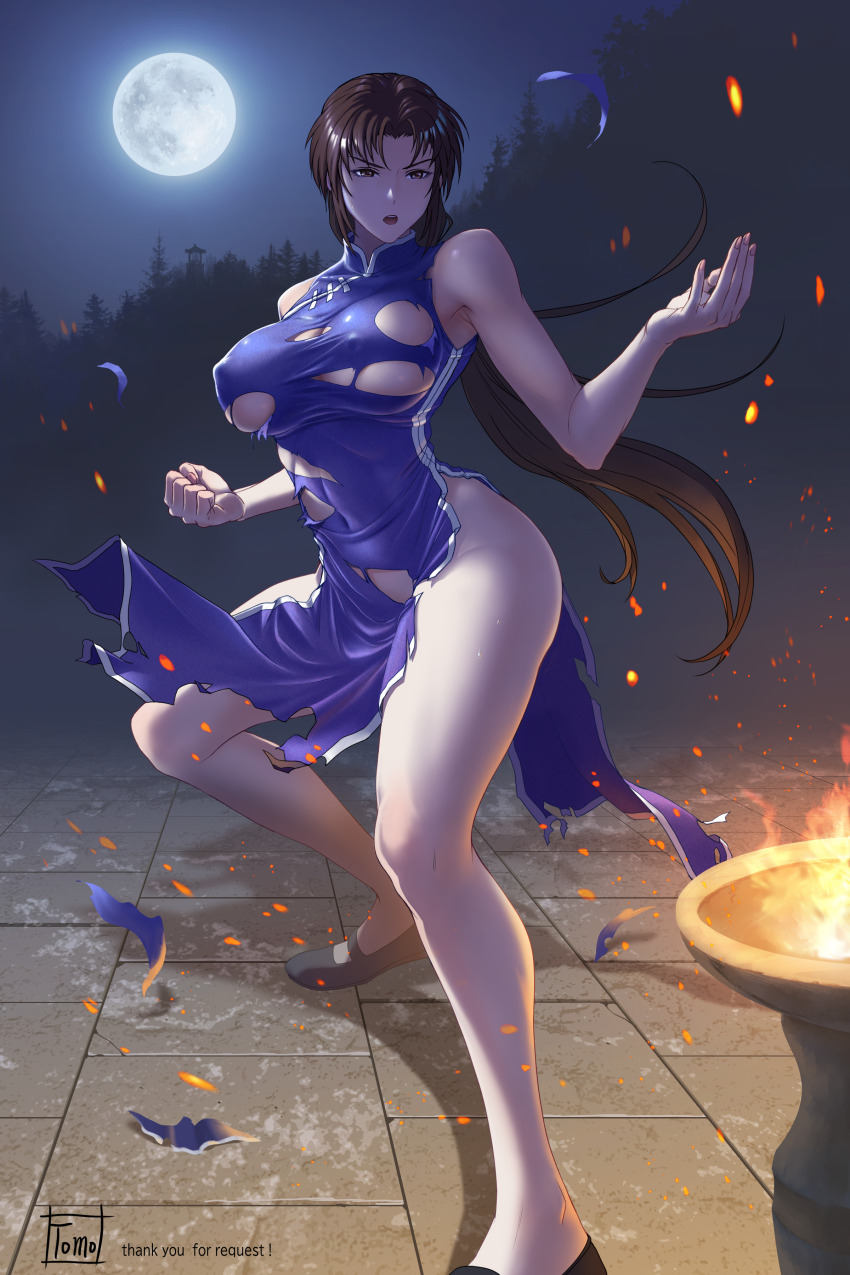 1girl absurdres arm_up bare_shoulders black_footwear blue_dress breasts brown_eyes brown_hair china_dress chinese_clothes clenched_hand collared_dress covered_erect_nipples dress embers exploding_clothes fighting_stance fire forest full_body full_moon highres hong_xiu_ying large_breasts long_hair midriff_peek moon moonlight nature night night_sky open_hand open_mouth outdoors parted_bangs sega shenmue shenmue_ii shenmue_the_animation side_slit sidelocks signature sky solo thank_you thighs tile_floor tiles tomo_eokaiteru torn_clothes torn_dress underboob very_long_hair