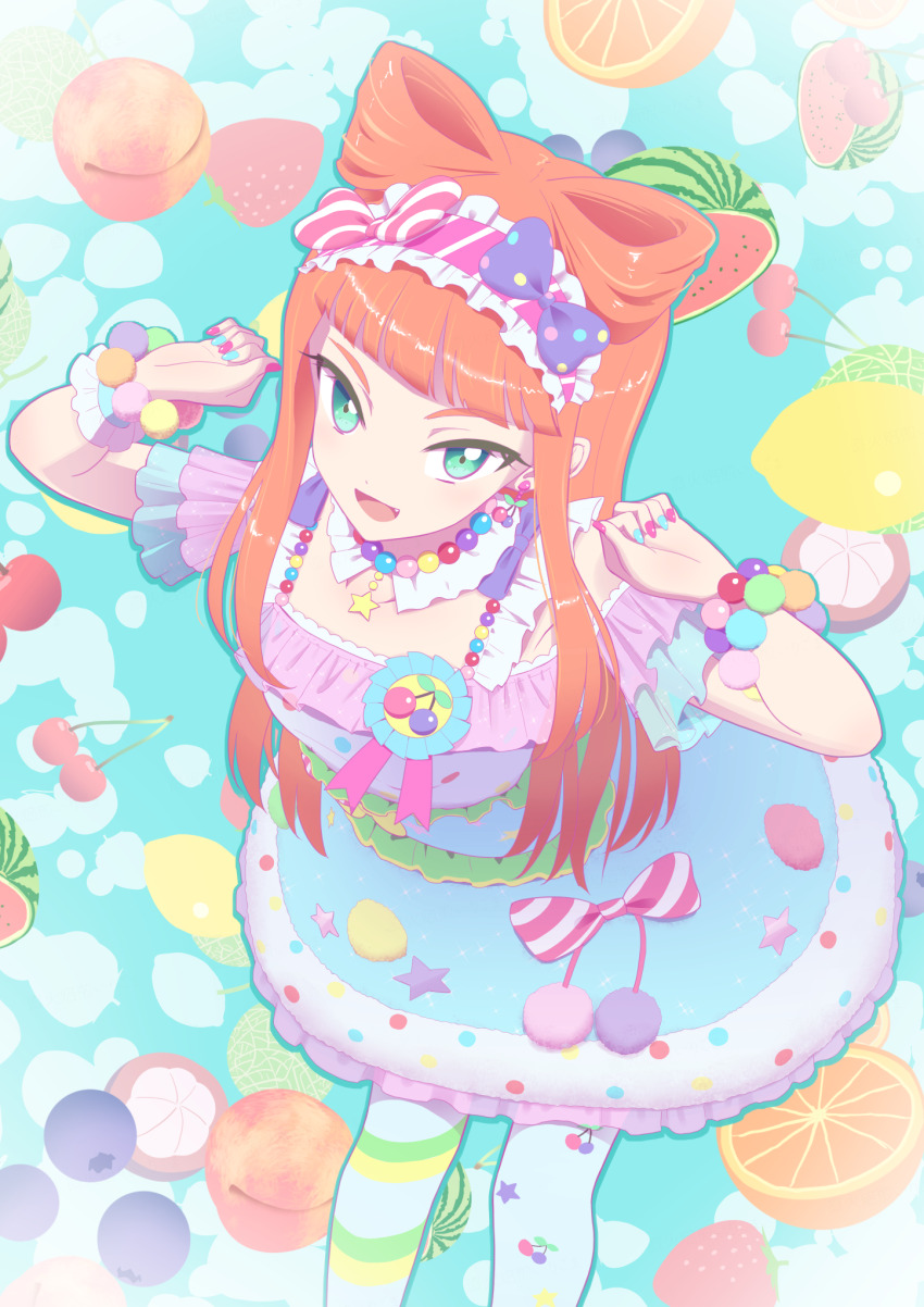 1girl :d aikatsu!_(series) aikatsu_stars! blue_dress blue_nails blue_pantyhose blunt_bangs bow bow-shaped_hair cherry clenched_hands dot_nose dress dress_bow fang food frilled_dress frilled_headwear frilled_sleeves frills fruit fruit_background green_eyes hair_bow hands_up highres irigoma_(jikabi_baisen) leaning_forward legs_apart lemon long_hair looking_at_viewer mangosteen medium_dress melon multicolored_dress open_mouth orange_(fruit) orange_hair pantyhose peach pink_bow pink_headdress purple_bow red_nails saotome_ako short_sleeves smile solo standing straight_hair strawberry striped_bow tsurime two-tone_nails watermelon