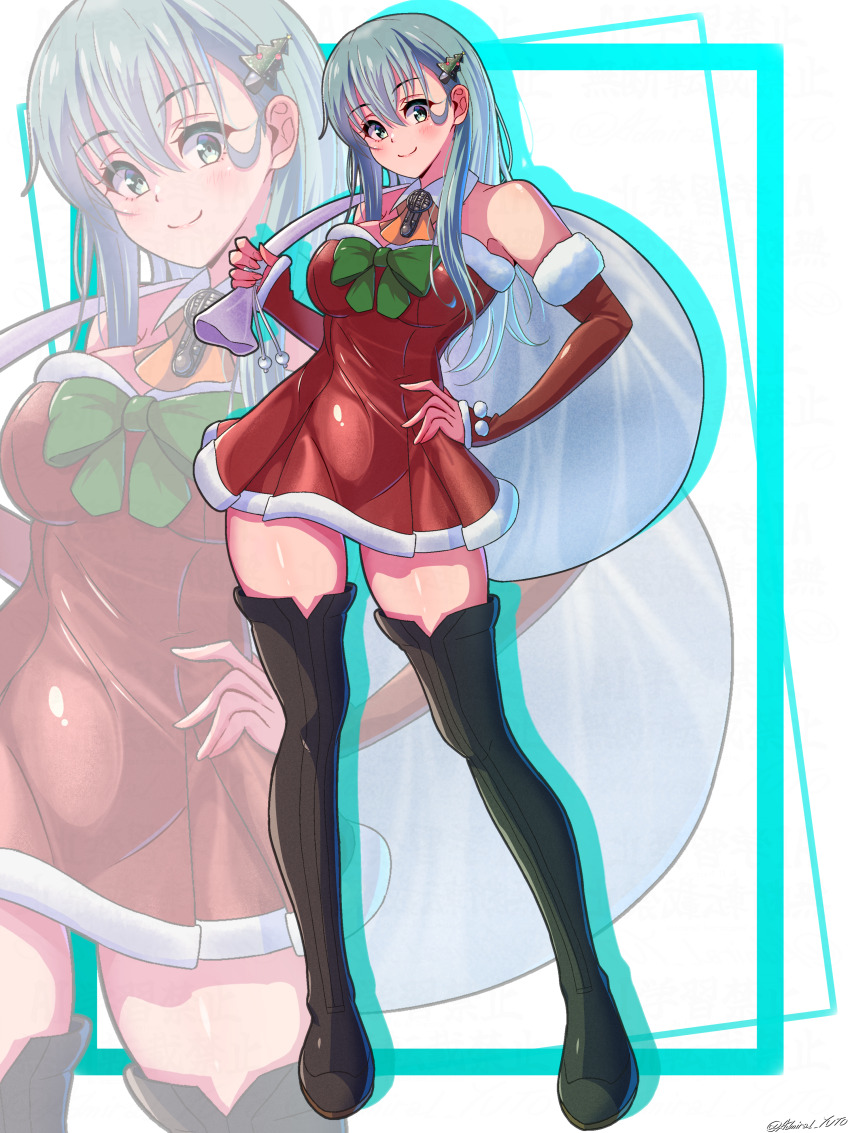 1girl absurdres aqua_eyes aqua_hair arm_warmers ascot bare_shoulders blush breasts christmas christmas_tree_hair_ornament cleavage detached_collar detached_sleeves dress full_body fur-trimmed_dress fur-trimmed_sleeves fur_trim hair_ornament hairclip highres holding holding_sack kantai_collection large_breasts long_hair looking_at_viewer orange_ascot red_dress sack santa_costume santa_dress smile solo strapless strapless_dress suzuya_(christmas)_(kancolle) suzuya_(kancolle) thighhighs white_background yoko_hata zoom_layer