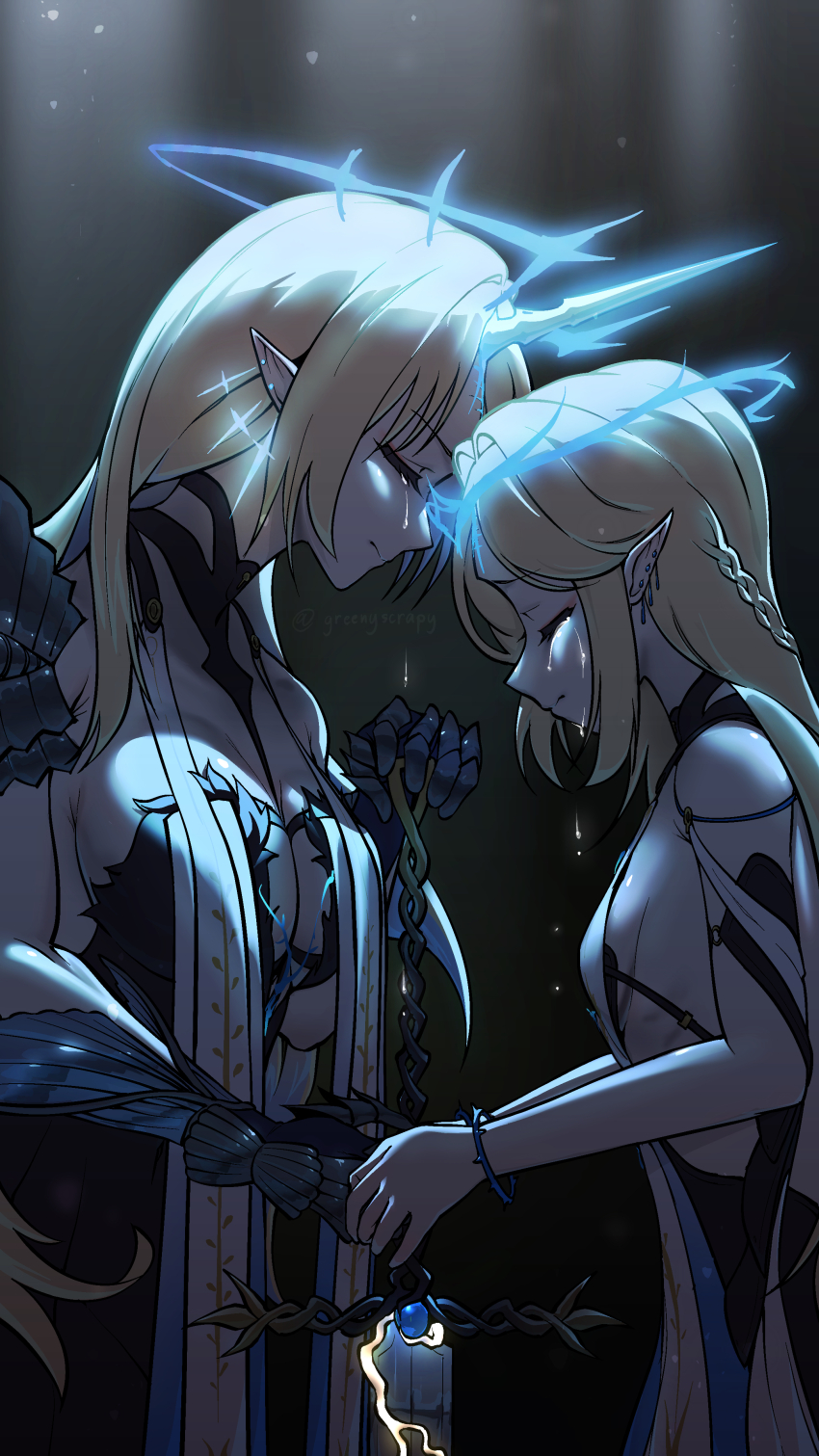 2girls absurdres bare_shoulders black_dress blonde_hair breast_curtains breasts cartethyia_(wuthering_waves) closed_eyes closed_mouth commentary crown_of_thorns crying dress dual_persona earrings english_commentary facing_another fleurdelys_(wuthering_waves) from_side gauntlets hand_grab highres horns jewelry large_breasts long_hair look-alike multiple_girls pointy_ears scrapy_(greenyscrapy) single_horn small_breasts tabard white_tabard wuthering_waves
