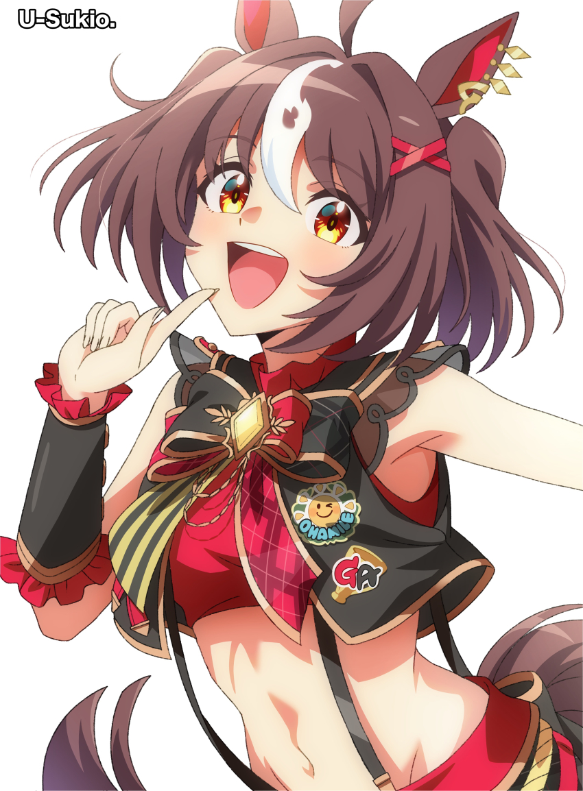 1girl :d absurdres ahoge animal_ear_piercing animal_ears artist_name bare_shoulders black_bow black_vest bow breasts brown_eyes brown_hair commentary_request cowboy_shot crop_top cropped_vest earclip frilled_wristband gran_alegria_(umamusume) groin hair_between_eyes hair_ornament highres horse_ears horse_girl horse_tail index_finger_raised light_blush looking_at_viewer medium_hair midriff multicolored_hair navel open_mouth red_shirt shirt sidelocks simple_background sleeveless sleeveless_shirt small_breasts smile solo standing streaked_hair suspenders tail teeth two-tone_hair u-sukio. umamusume upper_teeth_only vest white_background white_hair x_hair_ornament