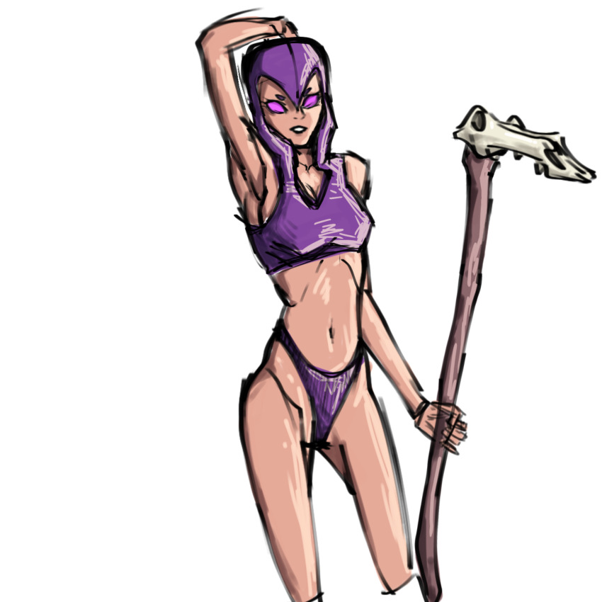 1girl armpits artist_request breasts clash_royale cleavage cloak highres holding holding_staff navel no_pupils panties pink_eyes purple_cloak purple_panties simple_background skinny solo source_request staff standing transparent_background underwear witch witch_(clash_royale)