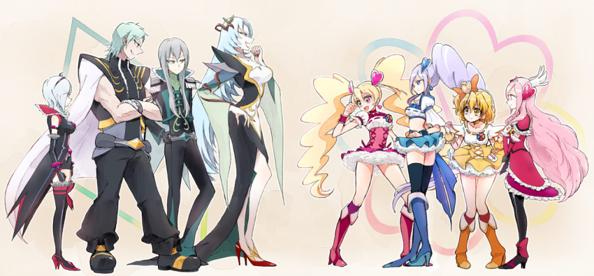 00s 2boys 6+girls aono_miki black_legwear black_shorts blonde_hair blue_hair boots cape crossed_arms cure_berry cure_passion cure_peach cure_pine dark_persona dual_persona eas_(fresh_precure!) fresh_precure! green_hair grey_hair hair_ornament hairband heart heart_hair_ornament higashi_setsuna light_purple_hair magical_girl momozono_love multiple_boys multiple_girls northa northa_(fresh_precure!) pantyhose pink_boots pink_hair ponytail precure shijima_(agkm) short_hair shorts skirt smile souler souler_(fresh_precure!) thighhighs twintails wester wester_(fresh_precure!) yamabuki_inori