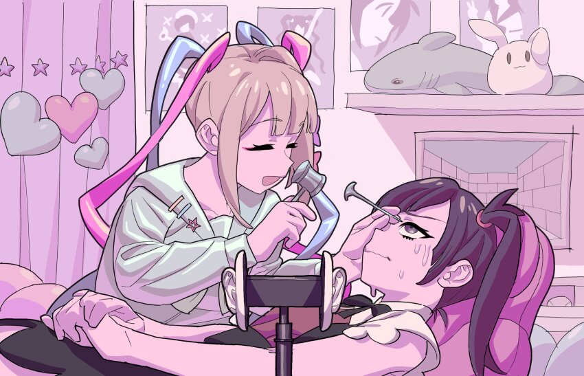 2girls :d ame-chan_(needy_girl_overdose) asmr binaural_microphone black_eyes black_hair black_ribbon blonde_hair blue_hair blue_shirt chouzetsusaikawa_tenshi-chan closed_eyes collared_shirt commentary curtains dual_persona english_commentary hair_over_one_eye hammer heart highres holding holding_hammer indoors itsironicmom lobotomy long_hair long_sleeves lying microphone multicolored_hair multiple_girls neck_ribbon needy_girl_overdose nervous_sweating on_back open_mouth orbitoclast pink_hair poster_(object) quad_tails red_shirt ribbon sailor_collar shirt smile stuffed_animal stuffed_rabbit stuffed_shark stuffed_toy sweat twintails