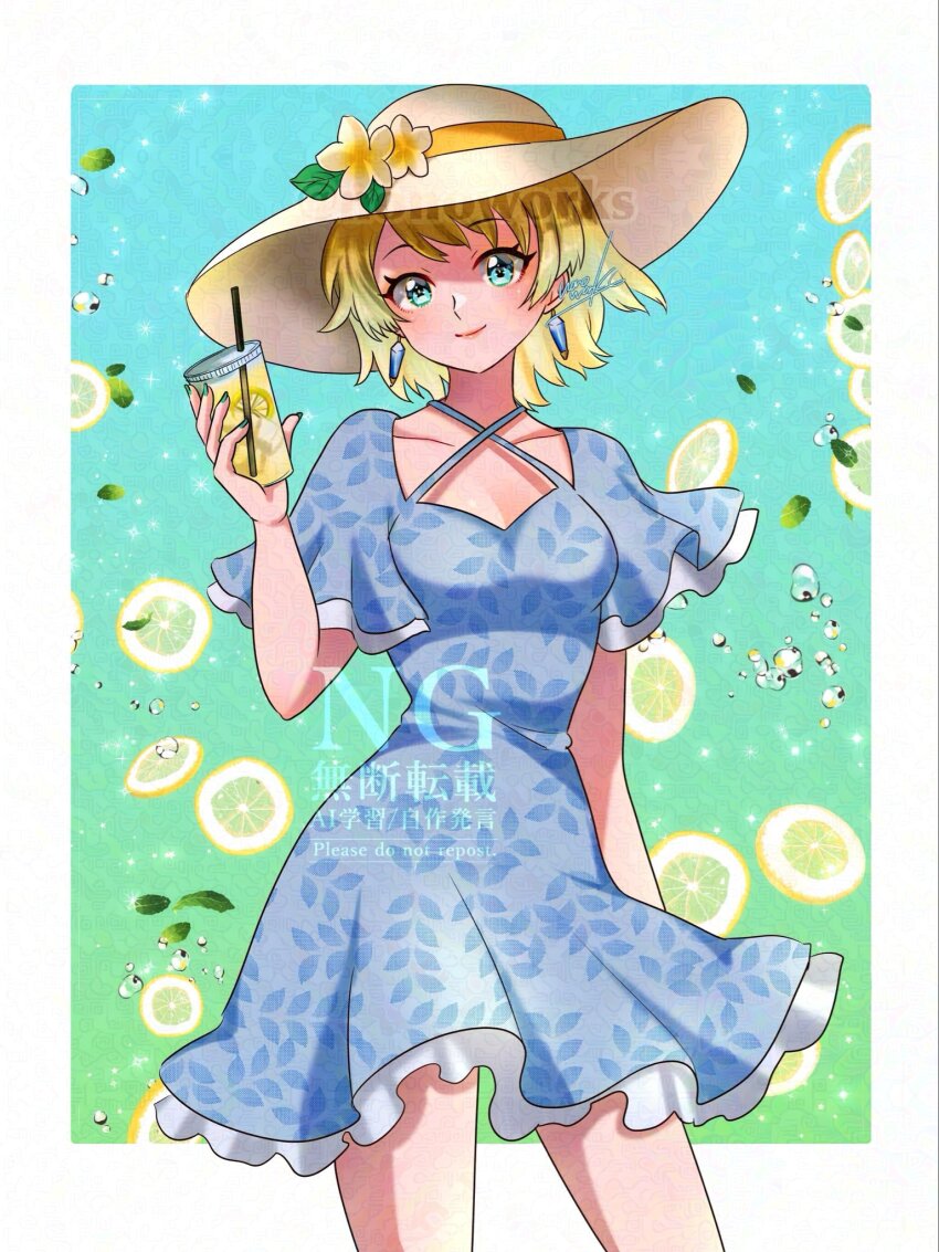 1girl alternate_costume blonde_hair blue_dress blue_eyes blue_hair blush breasts closed_mouth collarbone criss-cross_halter cup dress earrings fire_emblem fire_emblem_heroes fjorm_(fire_emblem) flower food fruit gradient_hair halterneck hat hat_flower highres holding holding_cup jewelry lemon lemon_slice lemonade looking_at_viewer multicolored_hair nintendo nonoworks short_hair smile solo sun_hat