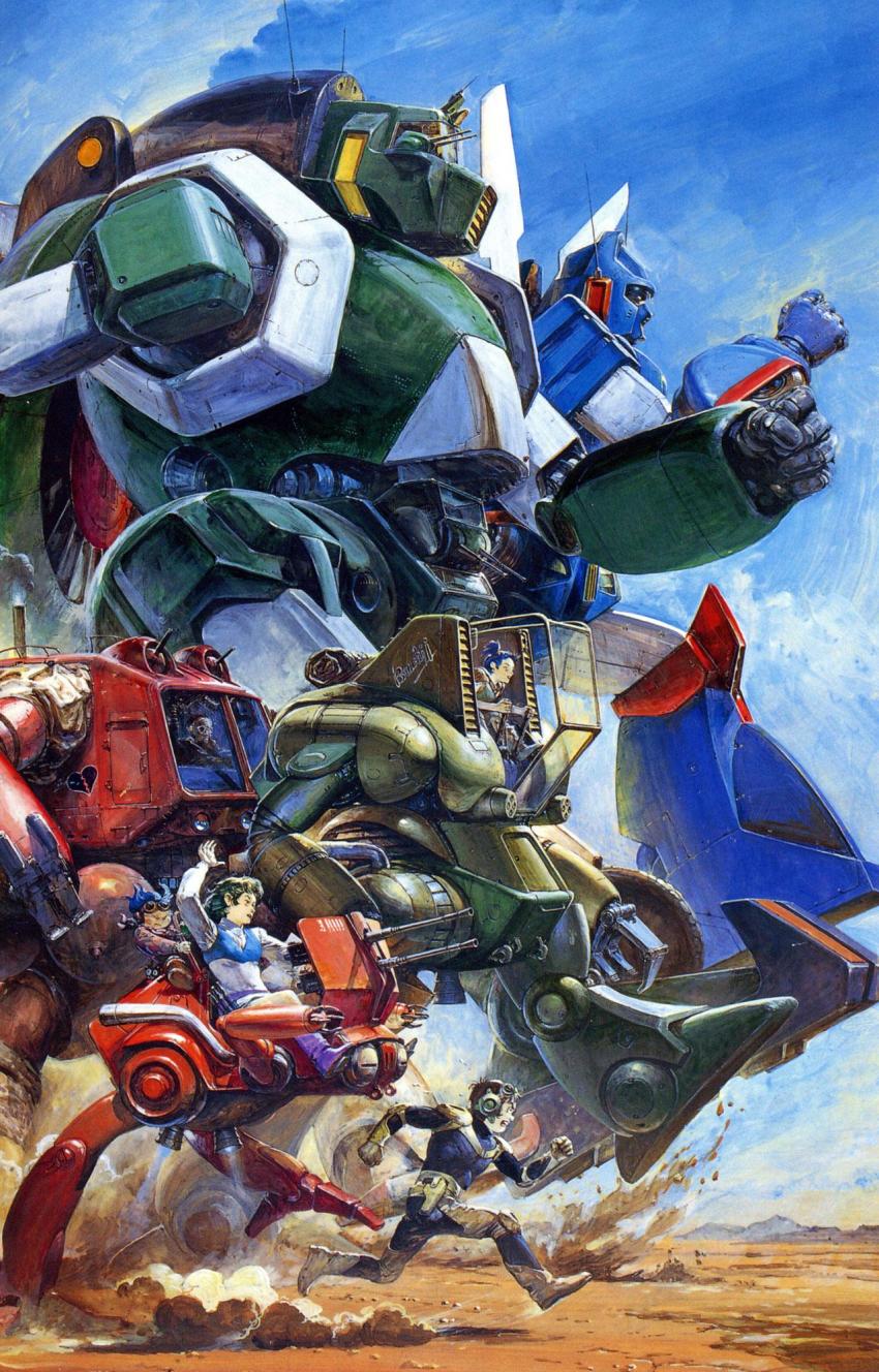 1980s_(style) 2boys 3girls blue_hair bodysuit boots brown_hair chill claws clenched_hands clenched_teeth cloud cloudy_sky damaged desert dirty dust elchi_cargo goggles graffiti green_hair gun headgear highres hover_vehicle jiron_amos machine_gun machinery mecha mechanical_arms multiple_boys multiple_girls official_art oldschool ponytail production_art promotional_art racing radio_antenna rag_uralo realistic retro_artstyle robot rock running scan science_fiction sentou_mecha_xabungle sky smoke smoking_pipe takani_yoshiyuki teeth thrusters traditional_media turret walker_(robot) walker_gallia weapon xabungle_(mecha)