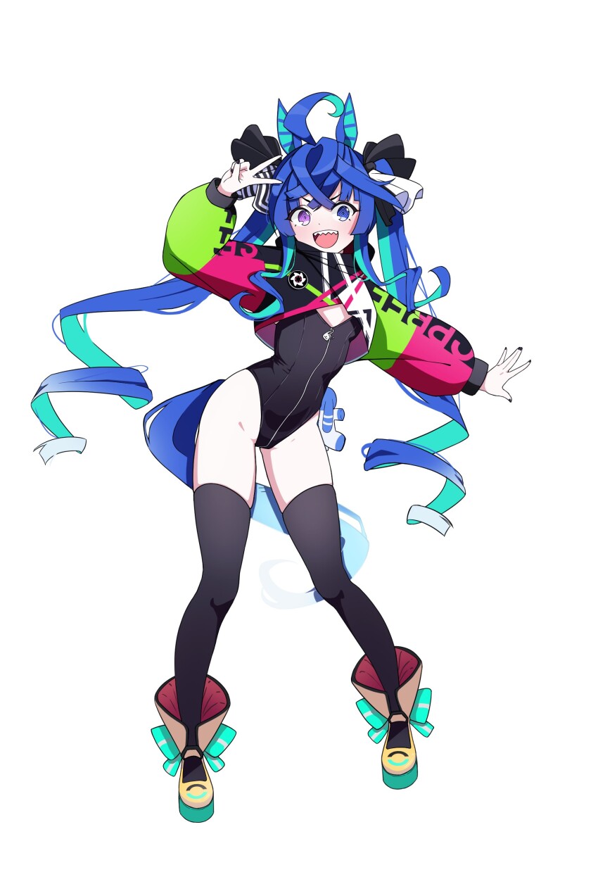 1girl :d @_@ absurdres ahoge animal_ears aqua_hair black_leotard black_nails black_thighhighs blue_eyes blue_hair commentary cropped_jacket crossed_bangs full_body groin heterochromia highleg highleg_leotard highres horse_ears horse_girl horse_tail huge_ahoge jacket leotard long_hair long_sleeves multicolored_hair multicolored_jacket nail_polish nontraditional_playboy_bunny open_mouth purple_eyes schwarz_rubin sharp_teeth smile solo strapless strapless_leotard tail teeth thighhighs twin_turbo_(umamusume) twintails two-tone_hair umamusume v zipper_leotard