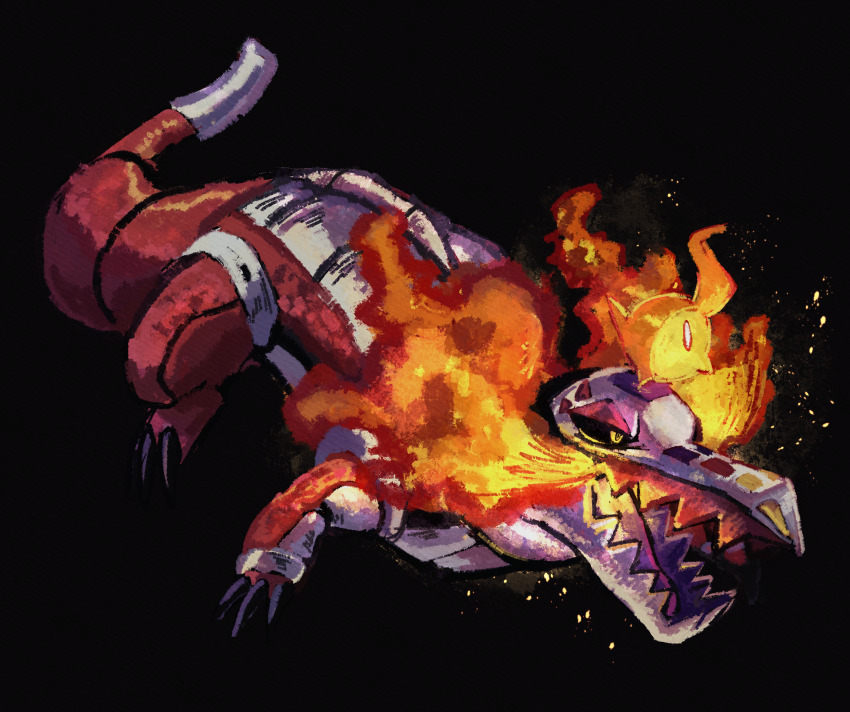 absurdres black_background black_sclera breath_weapon breathing_fire colored_sclera commentary_request fire fire_bird_(skeledirge) full_body highres ka-neito nintendo no_humans open_mouth pokemon pokemon_(creature) simple_background skeledirge solo tongue yellow_eyes