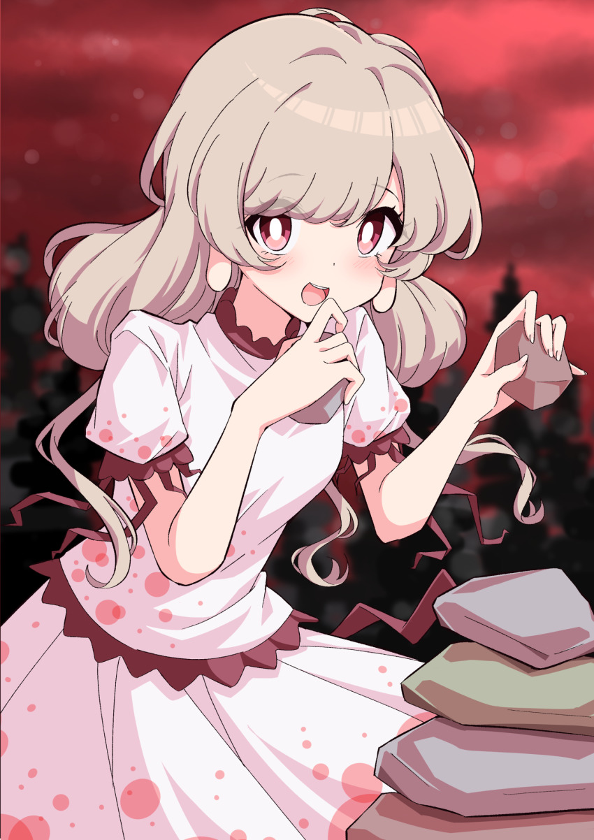 1girl blush brown_eyes dress ebisu_eika fingernails frilled_sleeves frills grey_hair highres holding long_earlobes long_hair open_mouth puffy_short_sleeves puffy_sleeves short_sleeves smile solo stack stone teeth touhou tsukimirin upper_teeth_only white_dress
