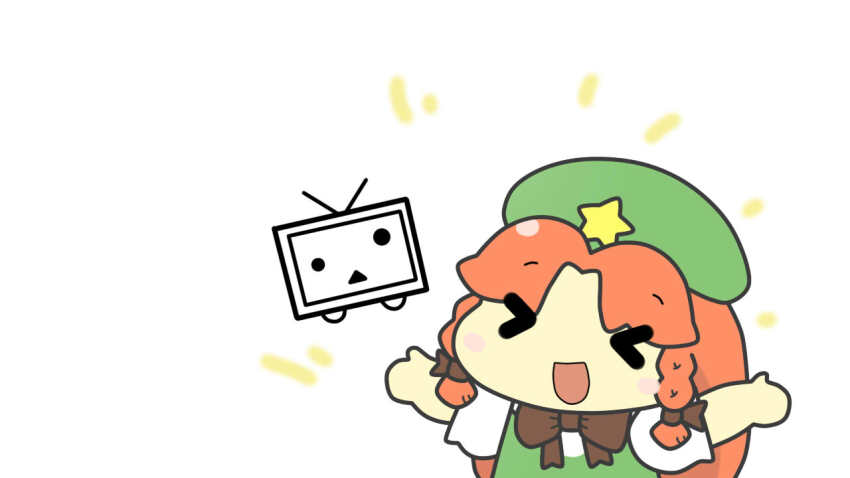 &gt;_&lt; 1girl :d beret blush_stickers bow bowtie brown_bow brown_bowtie charyu chibi chibi_only closed_eyes commentary_request green_hat green_vest happy hat hat_ornament hong_meiling long_hair niconico open_mouth shirt short_sleeves smile solo star_(symbol) star_hat_ornament television terebi-chan touhou upper_body vest white_shirt xd