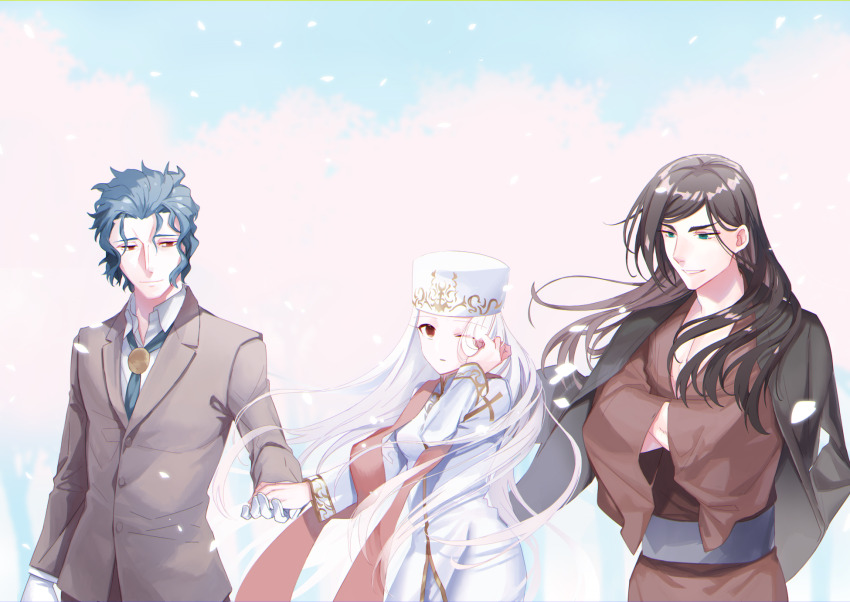 1girl 2boys black_hair blue_eyes blue_hair breasts brown_jacket commentary_request crossed_arms dress fate/grand_order fate/stay_night fate_(series) gloves hands_in_opposite_sleeves haori hat highres jacket japanese_clothes justeaze_lizrich_von_einzbern long_hair makiri_zolgen medium_breasts multiple_boys one_eye_closed petals red_eyes red_sash sash smile tohsaka_nagato white_dress white_gloves white_hair white_hat ycco_(estrella)