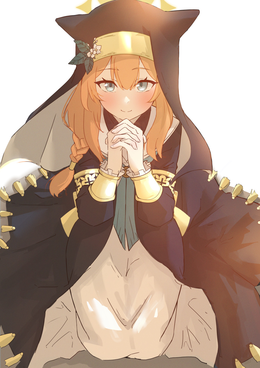 1girl absurdres animal_ear_headwear animal_ears black_veil blue_archive blue_eyes blush braid cl07 coif fake_animal_ears flower flower_hat hair_between_eyes hair_flower hair_ornament halo hat hat_flower highres kneeling looking_at_viewer mari_(blue_archive) nun orange_hair own_hands_clasped own_hands_together smile veil white_background white_flower yellow_halo