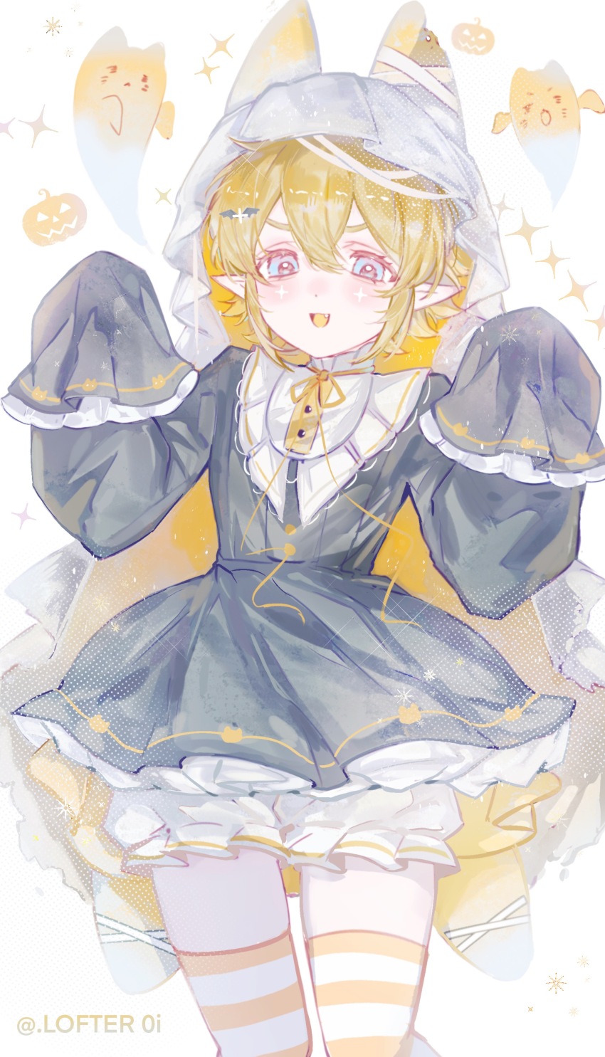 1boy :3 absurdres alternate_costume animal_ears aotu_world artist_name black_dress blonde_hair bloomers blue_eyes blush cat_boy cat_ears chinese_commentary crossdressing crossdressing_(mtf) dress eyelashes fang frilled_dress frills ghost hair_ornament hairclip halloween halloween_costume hands_up highres kemonomimi_mode king_(aotu_world) long_sleeves looking_at_viewer male_focus neck_ribbon open_mouth outstretched_arms pale_skin plutoray pointy_ears pumpkin ribbon short_hair sleeves_past_fingers sleeves_past_wrists smile solo sparkle striped_clothes striped_thighhighs thighhighs trap twitter_username two-sided_veil underwear veil white_background white_bloomers white_veil yellow_ribbon zettai_ryouiki zombie_pose