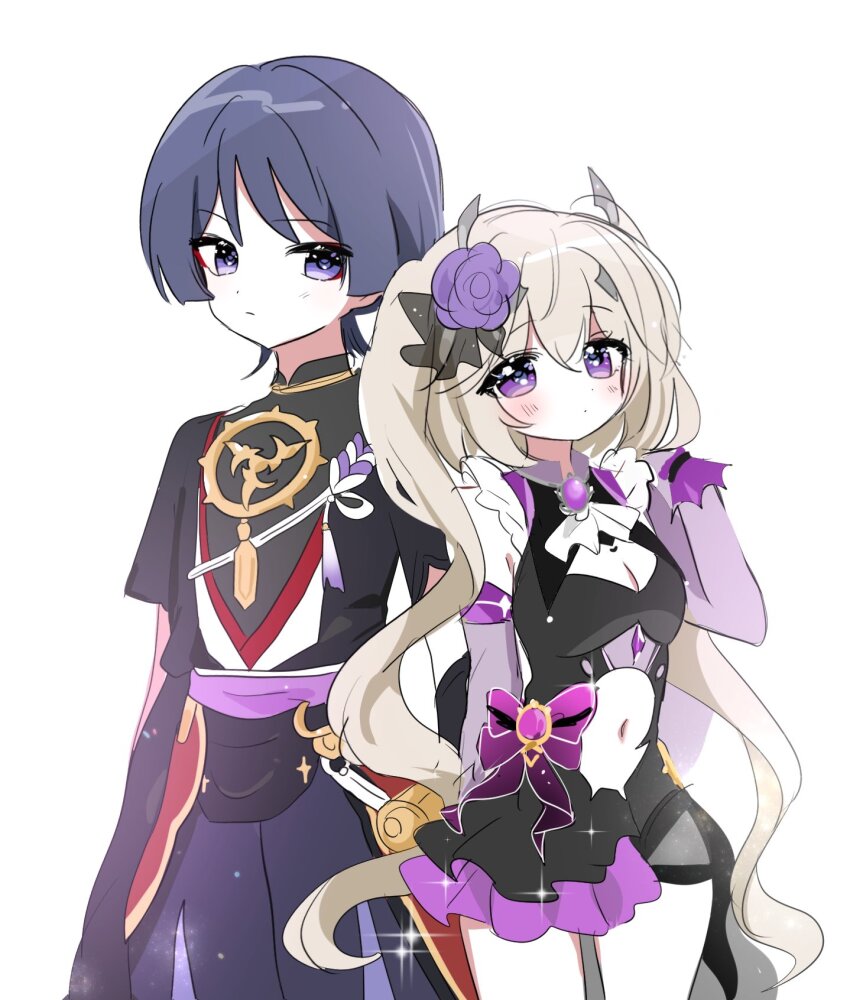 1boy 1girl 52601i arms_at_sides ascot belt black_belt black_bodysuit black_hair black_kimono black_leotard black_skirt black_sleeves blonde_hair blunt_ends blush bodysuit breasts cleavage_cutout closed_mouth clothing_cutout crystal detached_sleeves diffraction_spikes expressionless eyelashes eyeliner eyeshadow flower frilled_sleeves frills gem genshin_impact gold hair_flower hair_ornament half-skirt han&#039;eri hand_up highleg highleg_leotard highres japanese_clothes jewelry kimono layered_kimono layered_skirt leotard long_hair looking_at_another looking_at_viewer makeup mandarin_collar medium_breasts mitsudomoe_(shape) navel navel_cutout neck_ring open_clothes open_kimono original purple_brooch purple_eyes purple_flower purple_gemstone purple_rope purple_sash purple_skirt purple_sleeves purple_wrist_cuffs red_eyeliner red_eyeshadow red_kimono rope sash scaramouche_(genshin_impact) second-party_source shimenawa side-by-side skirt tassel tomoe_(symbol) two_side_up very_long_hair white_ascot white_background white_kimono white_rope wrist_cuffs