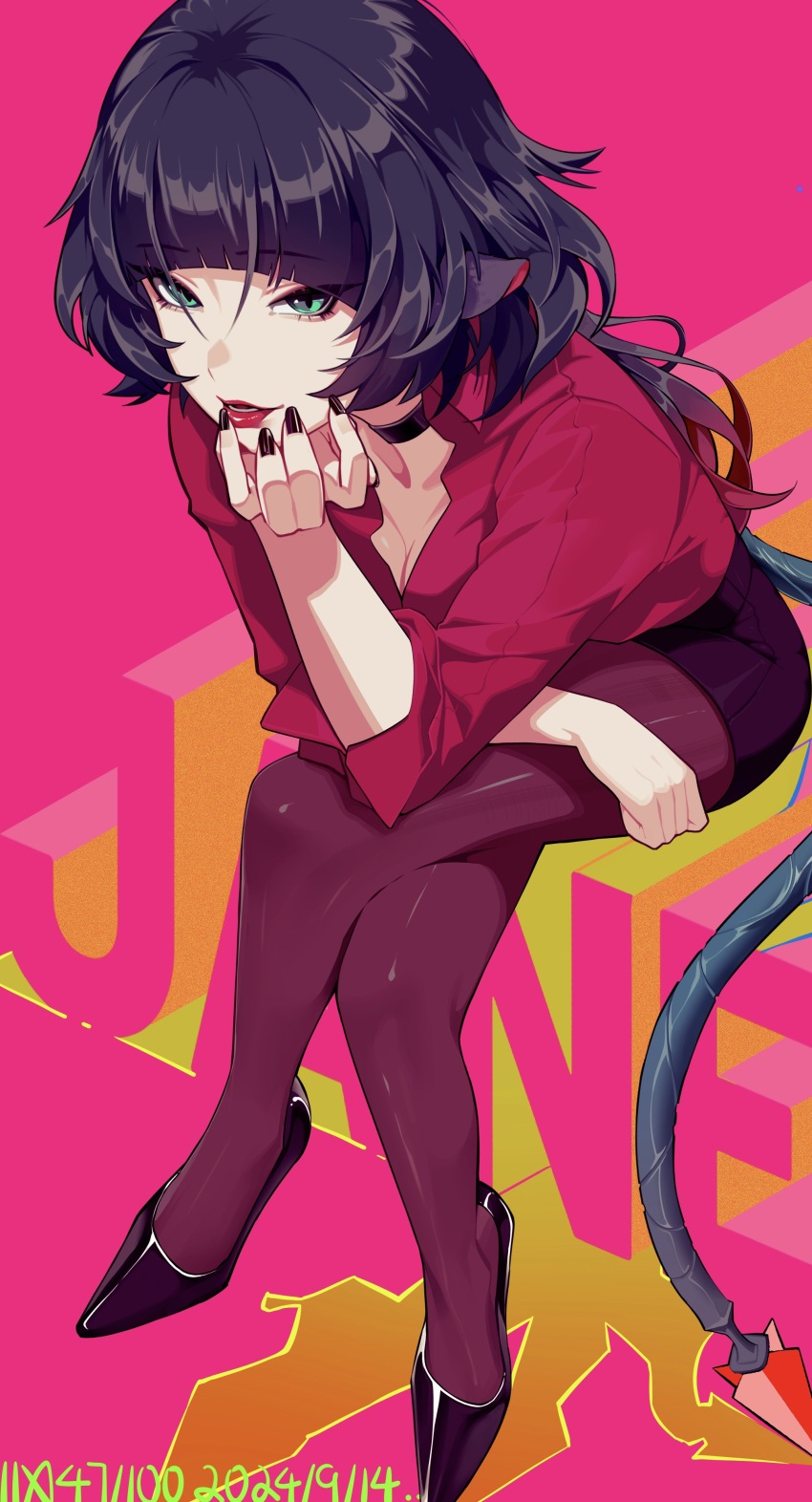 1_yuan 1girl absurdres animal_ears black_choker black_hair black_nails blunt_bangs breasts choker cleavage collared_shirt commentary_request elbow_rest full_body gradient_hair green_eyes head_rest high_heels highres jane_doe_(zenless_zone_zero) large_breasts leaning_forward long_hair looking_up mouse_ears mouse_girl mouse_tail multicolored_hair pantyhose parted_lips pink_background purple_pantyhose purple_skirt red_lips red_shirt shade shirt sitting skirt sleeves_rolled_up solo tail wavy_hair zenless_zone_zero