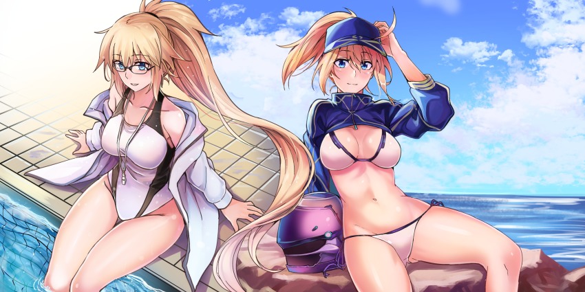 2girls absurdres ahoge artoria_pendragon_(fate) bare_legs bikini blonde_hair blue_eyes blue_sky breasts cloud collarbone competition_swimsuit fate/grand_order fate_(series) glasses hamlet hat highres jacket jeanne_d&#039;arc_(fate) jeanne_d&#039;arc_(ruler)_(fate) jeanne_d&#039;arc_(swimsuit_archer)_(fate) jeanne_d&#039;arc_(swimsuit_archer)_(second_ascension)_(fate) jeffrey10 long_hair looking_at_viewer multiple_girls mysterious_heroine_x_(fate) mysterious_heroine_xx_(fate) ocean one-piece_swimsuit open_mouth ponytail pool sitting sky stomach swimsuit whistle white_bikini white_one-piece_swimsuit