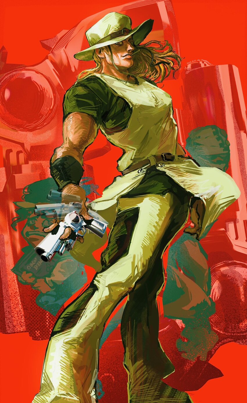 1other 2boys boingo book brown_hair cigarette cowboy_hat emperor_(stand) green_shirt gun handgun hanged_man_(stand) hat highres hol_horse holding holding_book holding_gun holding_weapon jojo_no_kimyou_na_bouken long_hair male_focus motion_lines mouth_hold multiple_boys pants pelvic_curtain red_background revolver scared shirt short_sleeves smile stand_(jojo) stardust_crusaders tank_top teeth thoth_(stand) uu0000322 weapon wristband yellow_hat yellow_pants yellow_tank_top
