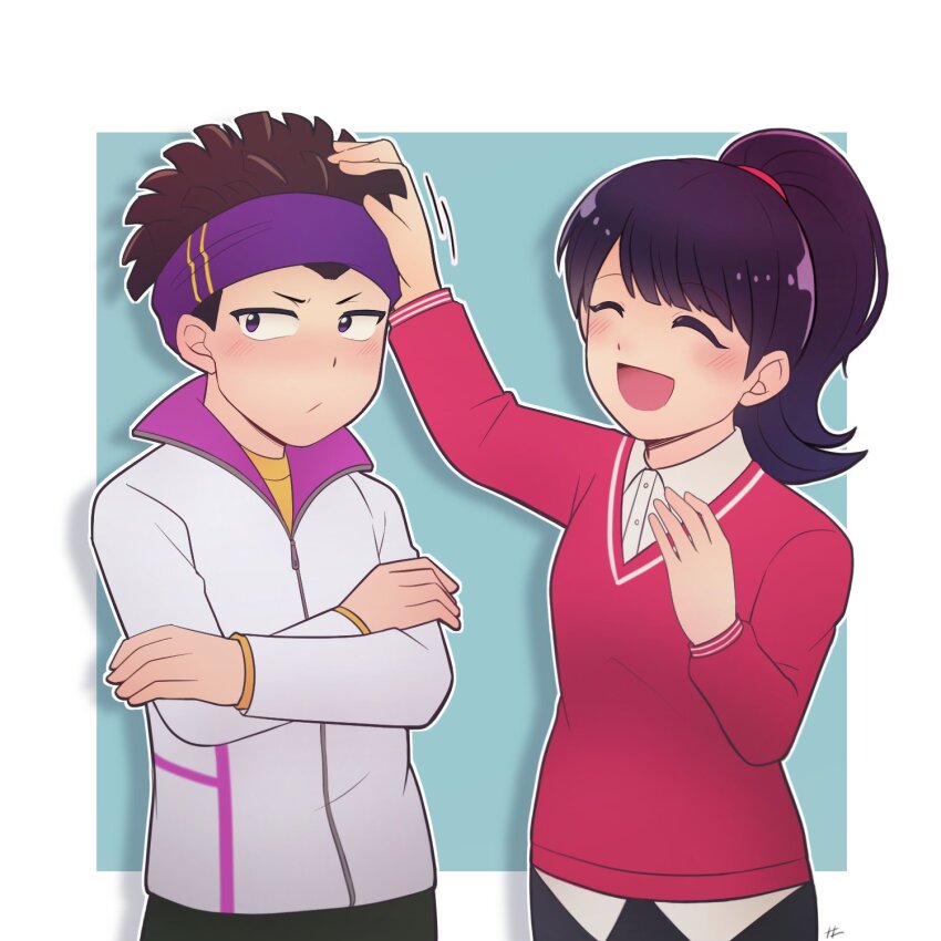 1boy 1girl blush closed_eyes digimon digimon_survive embarrassed highres looking_to_the_side shibuya_aoi smile tominaga_ryo