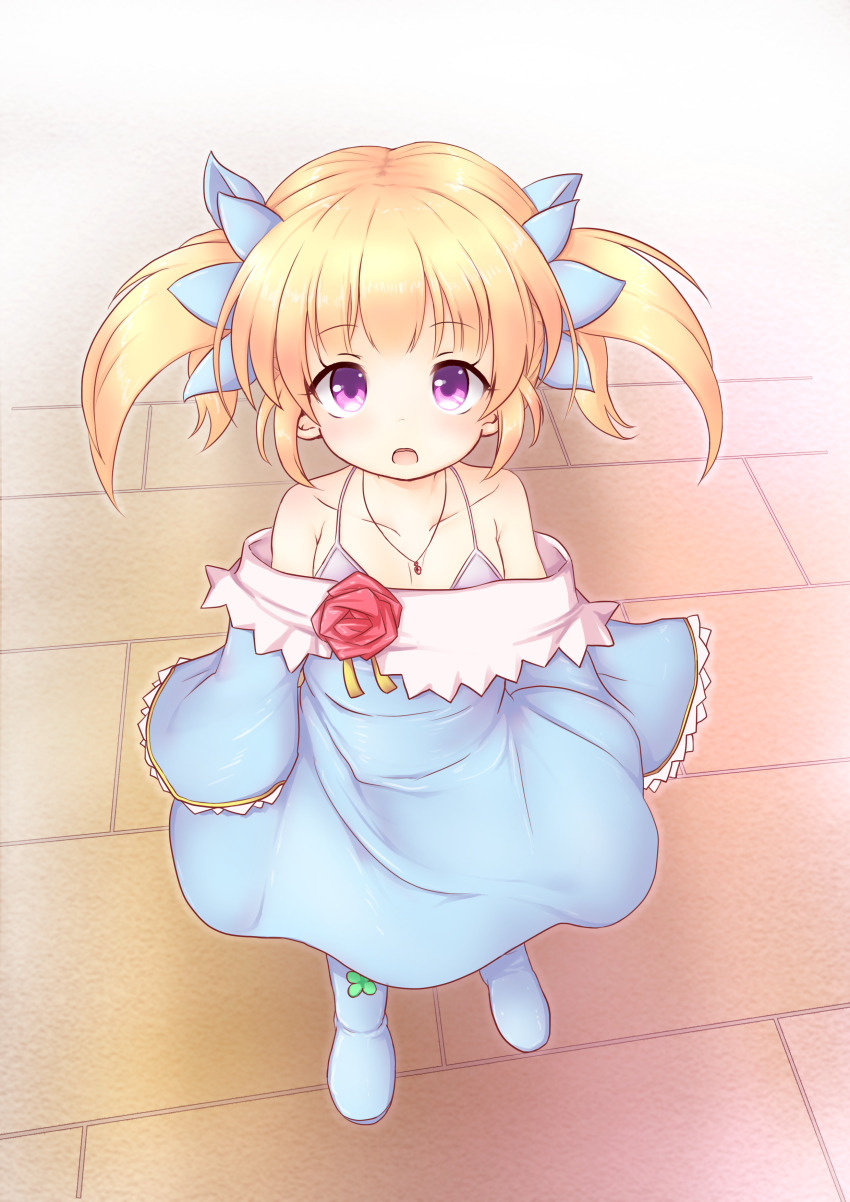 absurdres bare_shoulders blonde_hair boots flat_chest flower hair_ribbon highres iris_mysteria! jewelry lily_(iris_mysteria!) loli looking_at_viewer mellpon necklace open_mouth oversized_clothes purple_eyes ribbon rose standing twintails underwear wide_sleeves
