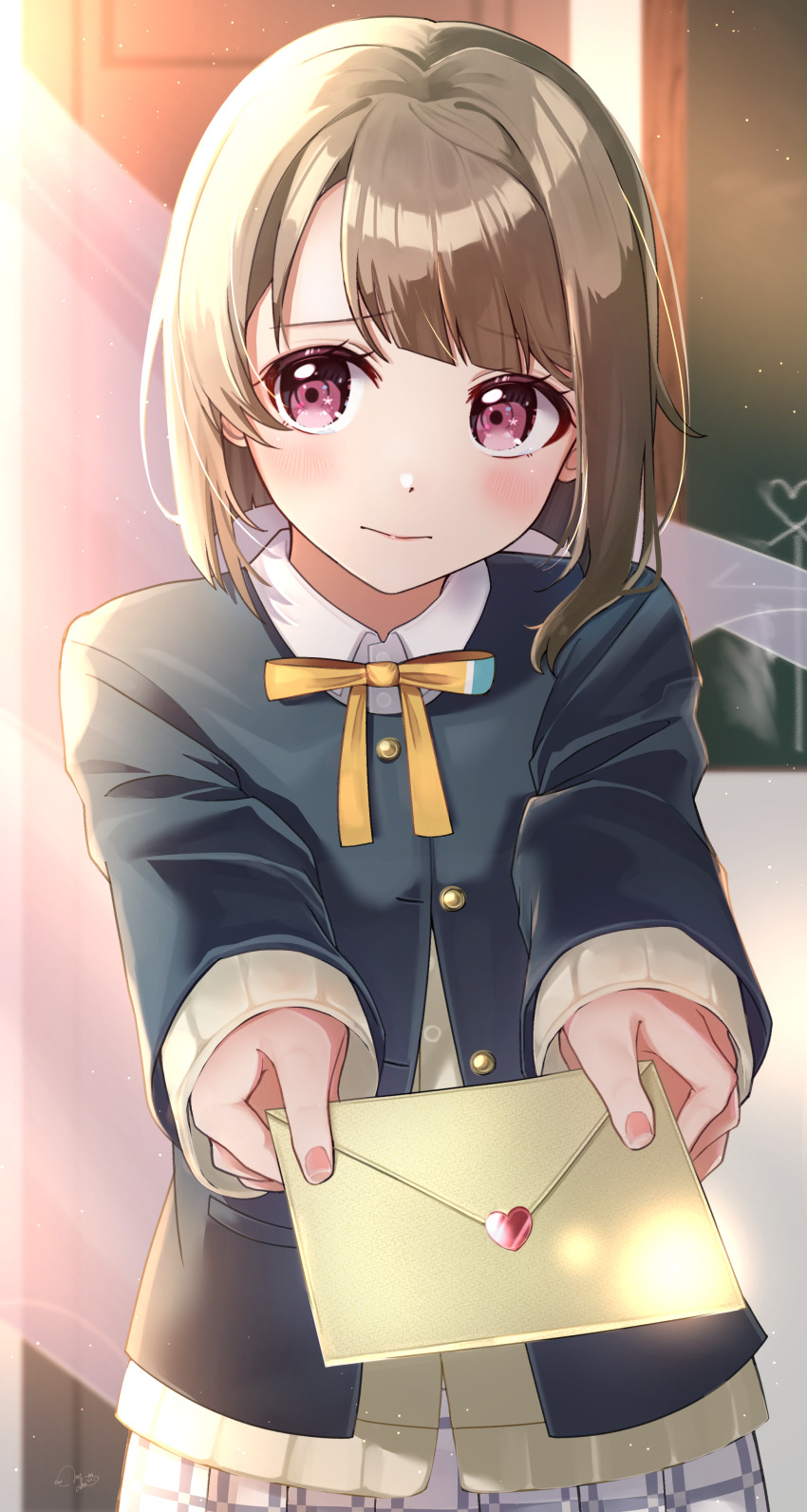 1girl absurdres brown_hair highres long_sleeves looking_at_viewer love_live! love_live!_nijigasaki_high_school_idol_club medium_hair nakasu_kasumi nijigasaki_school_uniform nyako_(utaneko31) plaid_clothes plaid_skirt purple_eyes school_uniform skirt solo