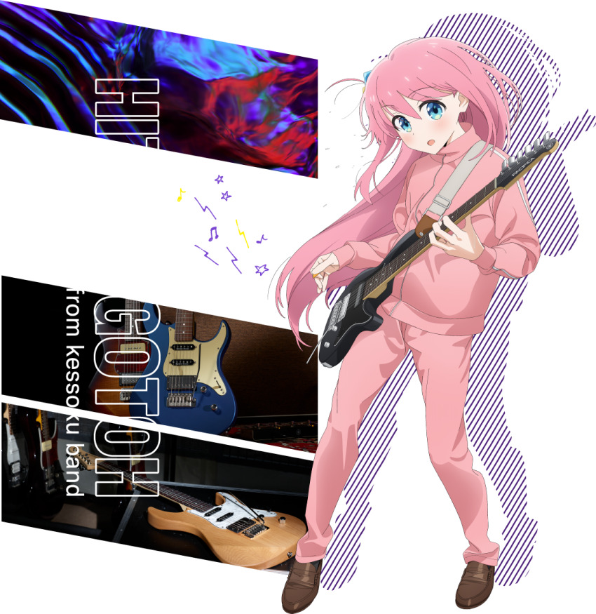 1girl ahoge bocchi_the_rock! commentary_request cube_hair_ornament electric_guitar gotoh_hitori guitar hair_ornament holding holding_instrument instrument jacket looking_at_viewer official_art open_clothes open_jacket pink_jacket solo toubun14 transparent_background yamaha yamaha_pacifica