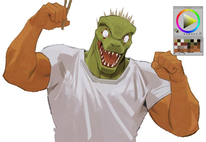 1boy :d biceps caiman_(dorohedoro) chopsticks clenched_hand dark-skinned_male dark_skin dorohedoro green_scales happy holding holding_chopsticks lizardman male_focus mr_kasuy muscular muscular_male open_mouth reptile_boy smile spikes unfinished upper_body