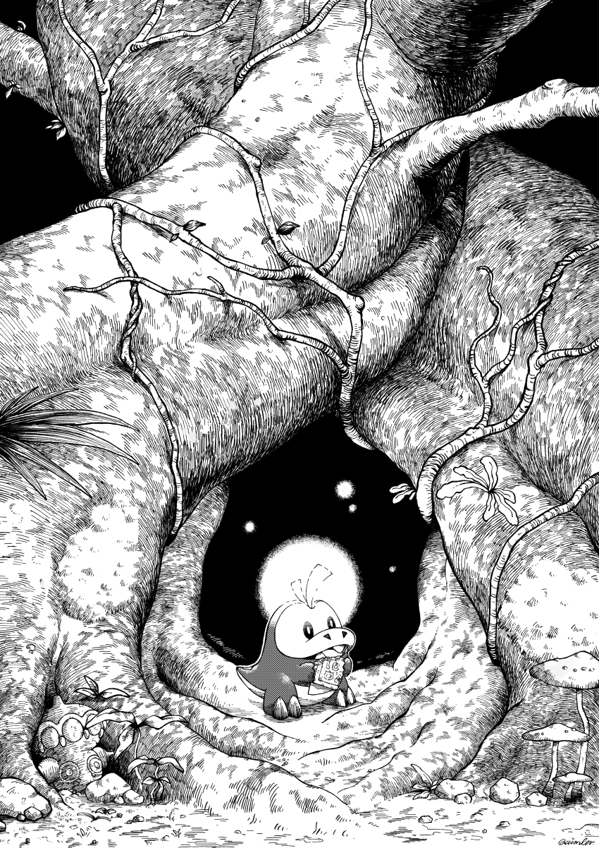 absurdres animal_focus claydol cucumber_(wanton9cum) eating fangs food fuecoco full_body gen_3_pokemon greyscale highres holding holding_food monochrome mushroom nintendo no_humans open_mouth outdoors plant pokemon pokemon_(creature) solo_focus standing tree vines