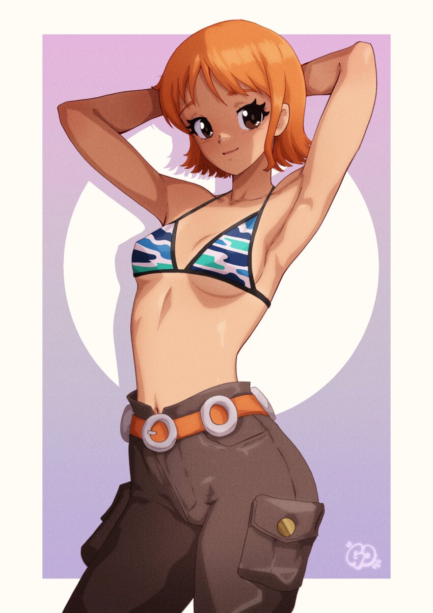 1girl absurdres armpits arms_behind_head artist_logo belt bikini bikini_top_only blue_bikini border breasts brown_eyes brown_pants closed_mouth collarbone commentary contrapposto cowboy_shot high-waist_pants highres light_smile logo looking_at_viewer medium_breasts nami_(one_piece) nami_(one_piece)_(skypiea) navel official_alternate_costume one_piece orange_belt orange_hair outside_border pants purple_background short_hair solo standing string_bikini swimsuit thatpersonaguy white_border