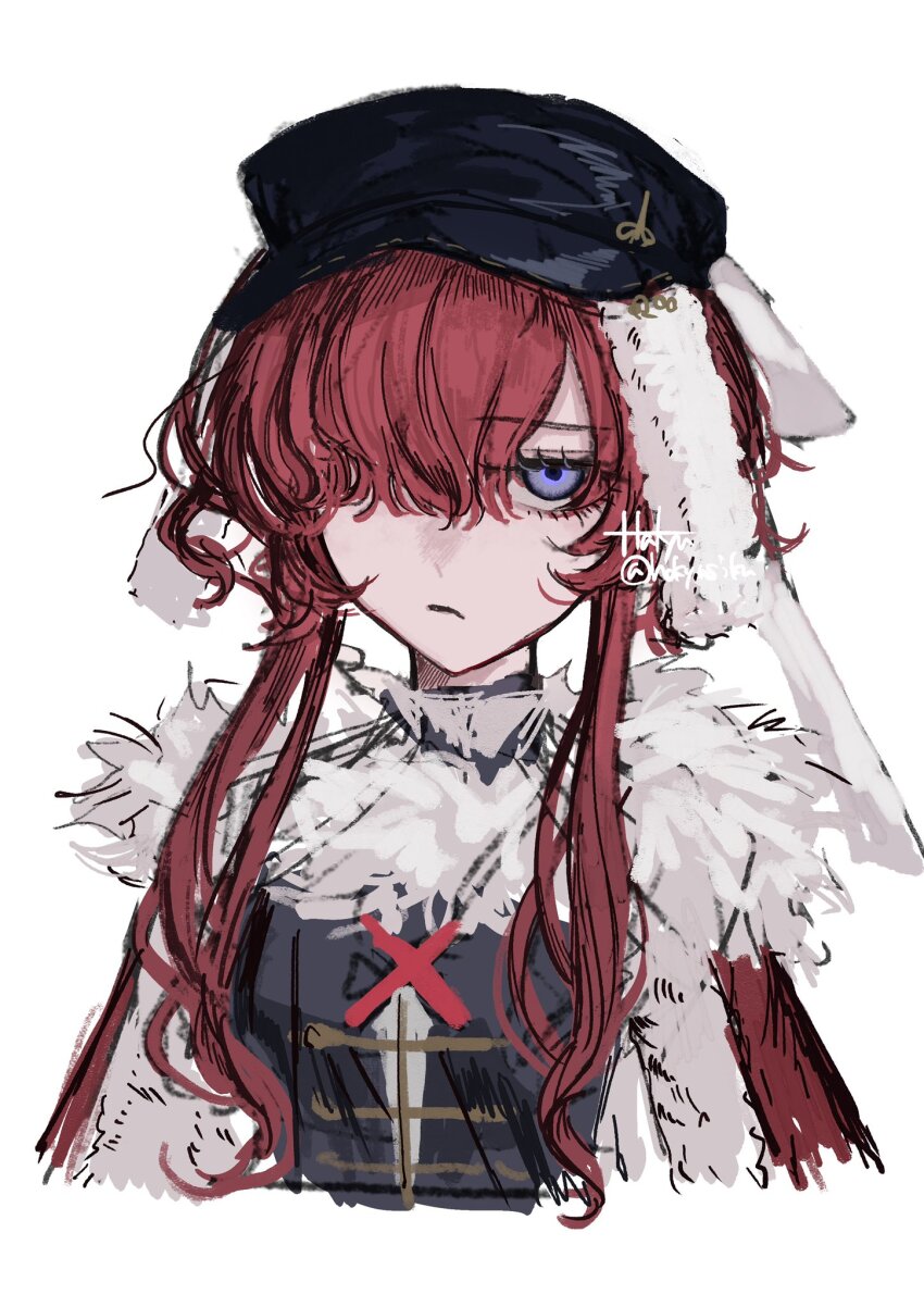 1girl :/ artist_name black_hat black_vest blue_eyes newsboy_cap cape cropped_torso fur-trimmed_cape fur_trim hair_over_one_eye hakyusiku hat highres long_hair long_sidelocks looking_at_viewer one_eye_covered red_hair reverse:1999 sidelocks signature solo twitter_username upper_body vest white_background yenisei_(reverse:1999)