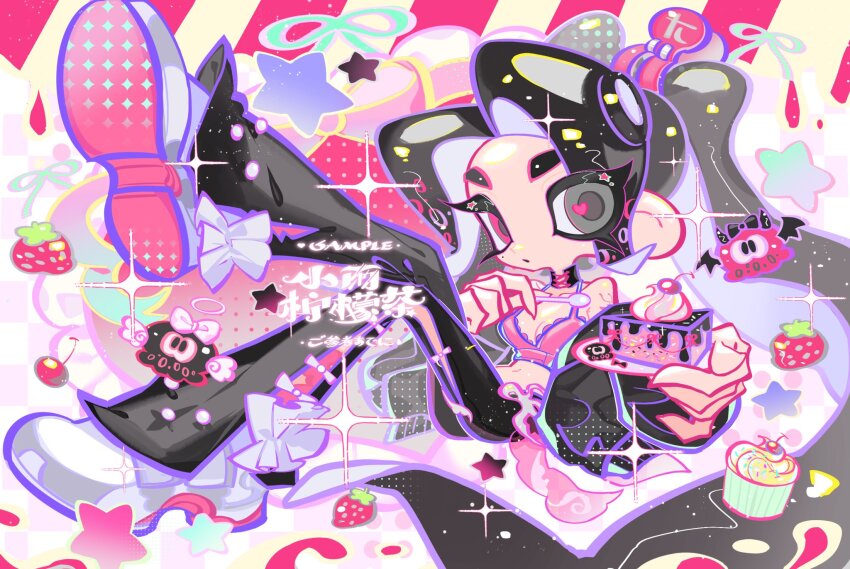 1girl abstract_background black_background black_hair black_pants breasts cake cherry commentary commission dessert food fruit full_body grey_eyes heart heart_in_eye highres holding holding_plate holding_spoon looking_at_viewer medium_breasts medium_hair midriff navel nintendo octoling octoling_girl octoling_player_character pants pink_background plate sample_watermark shoes solo sparkle splatoon_(series) splatoon_3 spoon strawberry strawberry_shortcake striped_background symbol_in_eye tentacle_hair thick_eyebrows translation_request watermark white_background xiaoyunatie