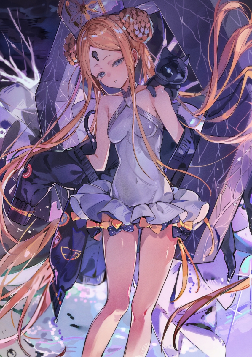 1girl abigail_williams_(fate) abigail_williams_(swimsuit_foreigner)_(fate) abigail_williams_(swimsuit_foreigner)_(second_ascension)_(fate) absurdres animal animal_on_shoulder black_bow black_cat blonde_hair bow breasts cat cat_on_shoulder commentary_request covered_navel double_bun dress_swimsuit fate/grand_order fate_(series) grey_eyes hair_bun hat highres impossible_clothes impossible_swimsuit jacket keyhole long_hair looking_at_viewer mitre nosh_(fate) off_shoulder one-piece_swimsuit open_clothes open_jacket orange_bow parted_bangs parted_lips poxiao_buff small_breasts solo swimsuit very_long_hair white_one-piece_swimsuit