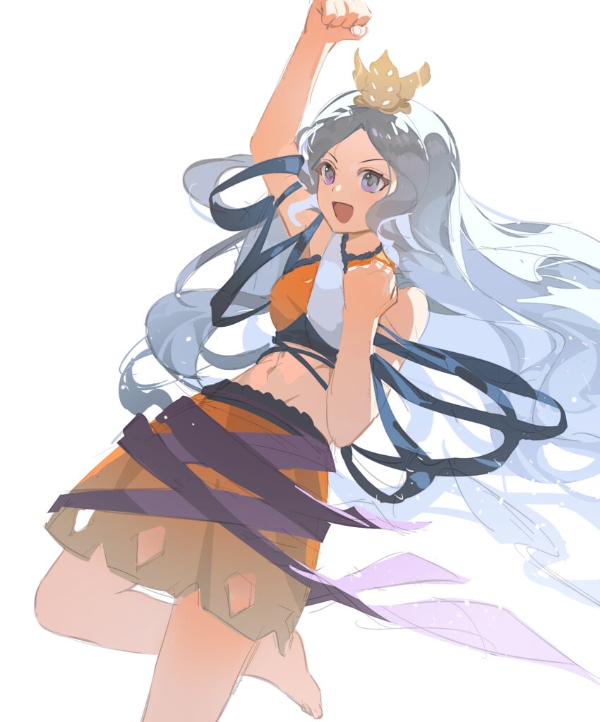 1girl barefoot chirizuka_ubame clenched_hands fossilized_wonders highres midriff orange_skirt purple_eyes purple_ribbon ribbon siyumu skirt smile solo touhou
