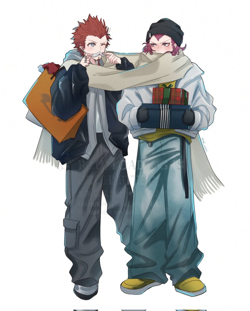 2boys arms_up beanie black_gloves black_hat black_jacket black_pants blue_eyes blue_pants blush box braid commentary_request corrupted_twitter_file covered_mouth danganronpa:_trigger_happy_havoc danganronpa_(series) danganronpa_2:_goodbye_despair eye_contact facial_hair fake_facial_hair fake_mustache full_body gift gift_bag gift_box gloves goatee green_ribbon hat highres holding holding_gift jacket kuwata_leon long_sleeves looking_at_another male_focus multiple_boys one_eye_closed open_clothes open_jacket pants pink_eyes pink_hair pocket red_hair ribbon scarf shared_clothes shared_scarf shirt shoes side_braid simple_background soda_kazuichi standing tuki_onigiri white_background white_jacket white_scarf white_shirt widow&#039;s_peak yellow_shirt yellow_shoes