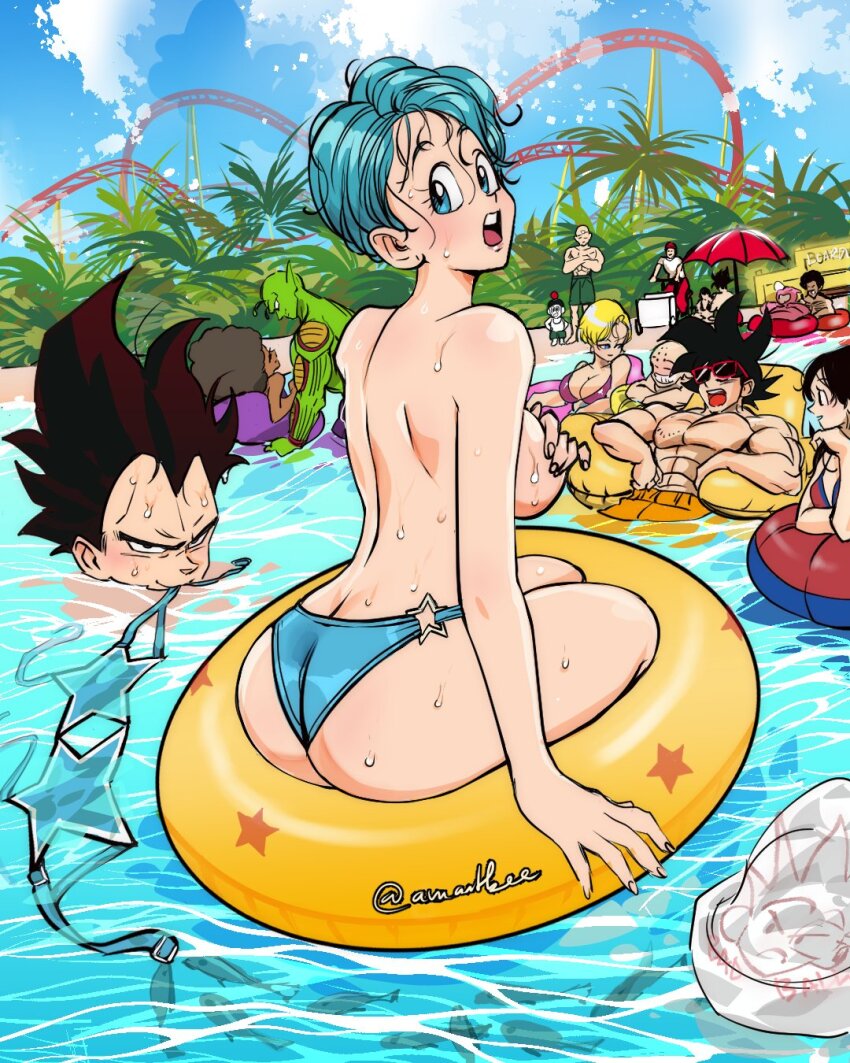 5girls 6+boys afro amartbee android_18 aqua_hair ass bald bikini black_hair blonde_hair blue_eyes breasts brown_hair bulma butt_crack chi-chi_(dragon_ball) convenient_censoring dragon_ball dragon_ball_super dragonball_z father_and_son highres husband_and_wife kuririn large_breasts majin_buu mother_and_son mr._satan multiple_boys multiple_girls muscular muscular_female piccolo short_hair son_gohan son_goku spiked_hair swimsuit tenshinhan topless_female vegeta videl water
