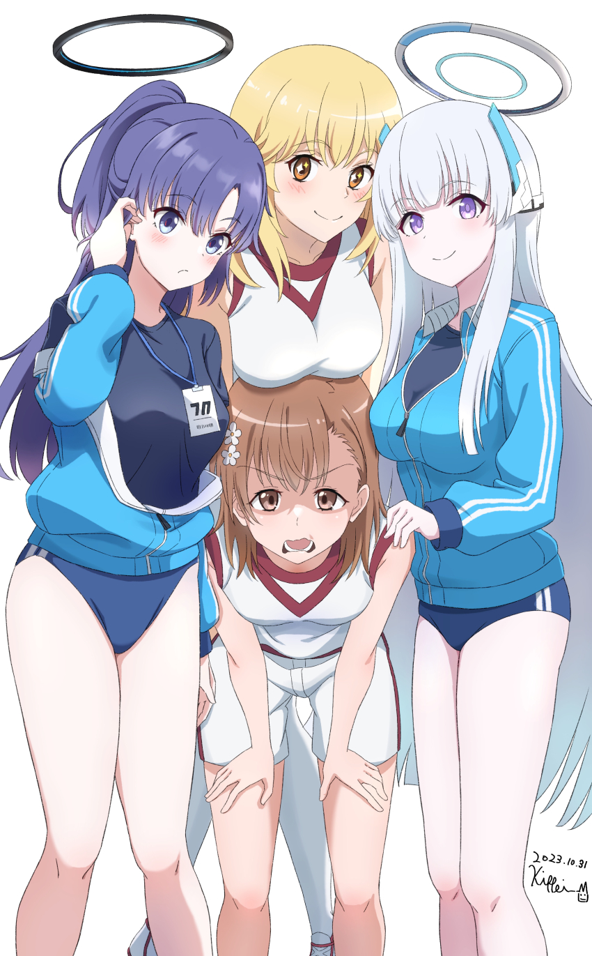 4girls absurdres adjusting_hair bad_id bad_pixiv_id black_shirt blonde_hair blue_archive blue_buruma blue_jacket breast_rest breasts breasts_on_head brown_eyes brown_hair buruma commentary_request dated grey_hair gym_shirt gym_shorts gym_uniform hair_behind_ear hair_ornament hairpin halo hand_on_another&#039;s_shoulder hands_on_own_thighs highres id_card jacket jacket_partially_removed kippei large_breasts leaning_forward long_hair looking_at_viewer medium_hair misaka_mikoto multiple_girls no_emblem noa_(blue_archive) official_alternate_costume partially_unzipped ponytail purple_eyes purple_hair red_trim shaded_face shirt shokuhou_misaki short_shorts shorts signature sleeveless sleeveless_shirt smile sparkling_eyes standing toaru_kagaku_no_railgun toaru_kagaku_no_railgun_t toaru_majutsu_no_index tokiwadai_school_gym_uniform track_jacket very_long_hair white_shirt white_shorts yuuka_(blue_archive) yuuka_(track)_(blue_archive)