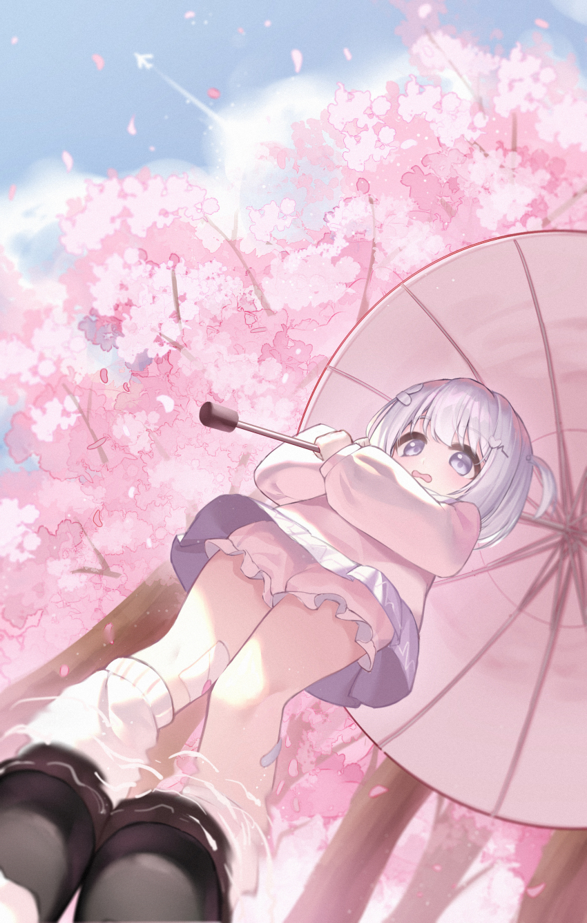 1girl absurdres aircraft airplane bandaid bandaid_on_leg black_shoes cherry_blossoms commentary_request from_below grey_eyes hair_ornament heart heart_hair_ornament highres holding holding_umbrella knees_together_feet_apart long_sleeves looking_at_viewer original pink_shirt pink_shorts pink_umbrella reflection reflective_water shirt shoes short_hair shorts socks solo sticker_on_leg tree umbrella white_hair white_socks wlswlp