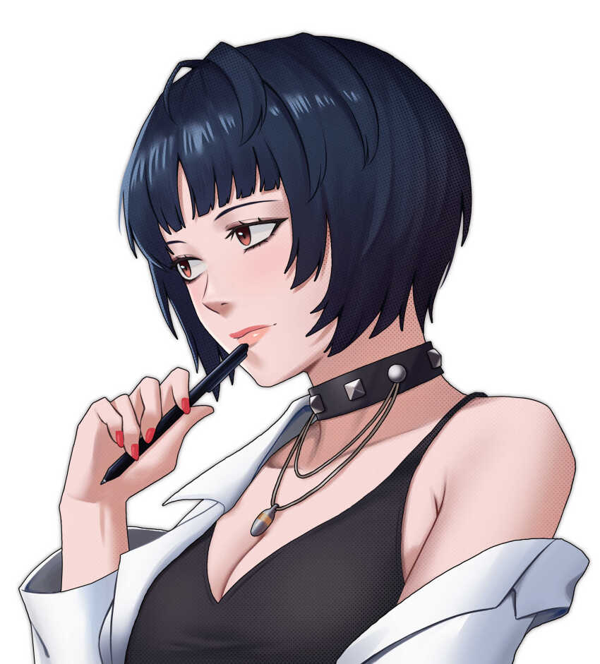 1girl absurdres armpit_crease black_choker black_dress blue_hair blunt_bangs breasts brown_eyes choker cleavage closed_mouth coat collarbone commentary dress highres holding holding_pen ikhwan_maulana jewelry lab_coat light_blush lips medium_breasts nail_polish necklace pen persona persona_5 pink_lips red_nails short_hair single_bare_shoulder solo studded_choker takemi_tae upper_body white_background white_coat