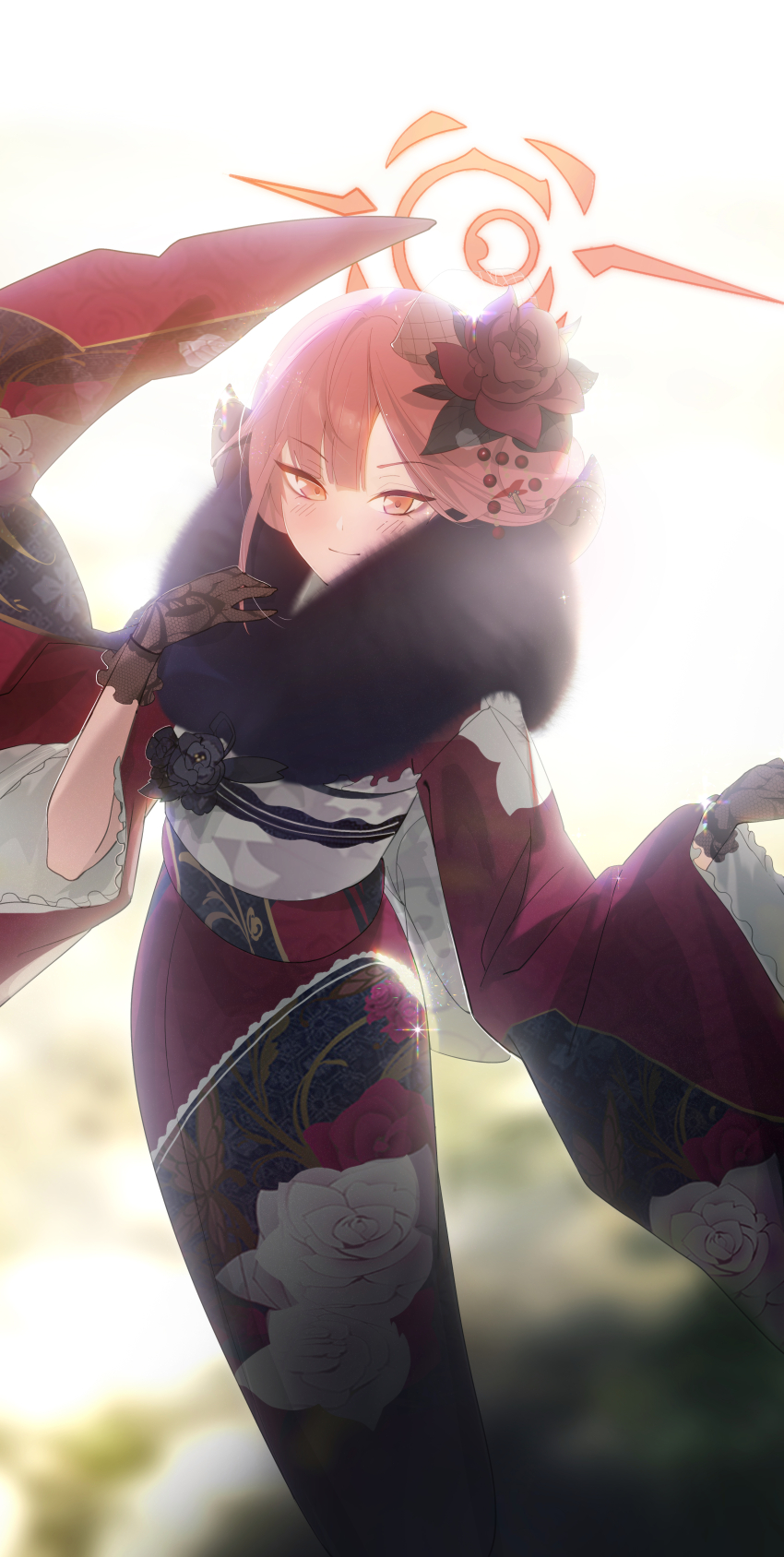 1girl absurdres aru_(blue_archive) aru_(new_year)_(blue_archive) black_gloves blue_archive blush demon_girl demon_horns floral_print floral_print_kimono flower fur_collar gloves hair_bun hair_flower hair_ornament hayate_(1034853996) highres horns japanese_clothes kimono obi official_alternate_costume official_alternate_hairstyle print_kimono red_flower red_hair red_kimono sash smile solo white_sash yellow_eyes