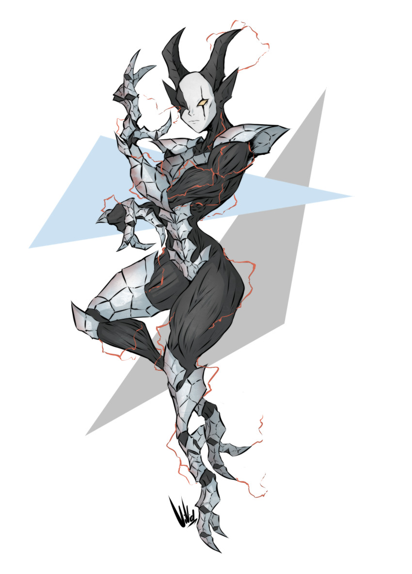 1boy absurdres armor closed_mouth demon_horns dullvivid exposed_muscle fingernails highres horns house_of_the_dead magician magician_(house_of_the_dead) male_focus no_pupils one_eye_closed scar scar_across_eye scar_on_face sega sharp_fingernails sharp_toenails simple_background toenails triangle white_background