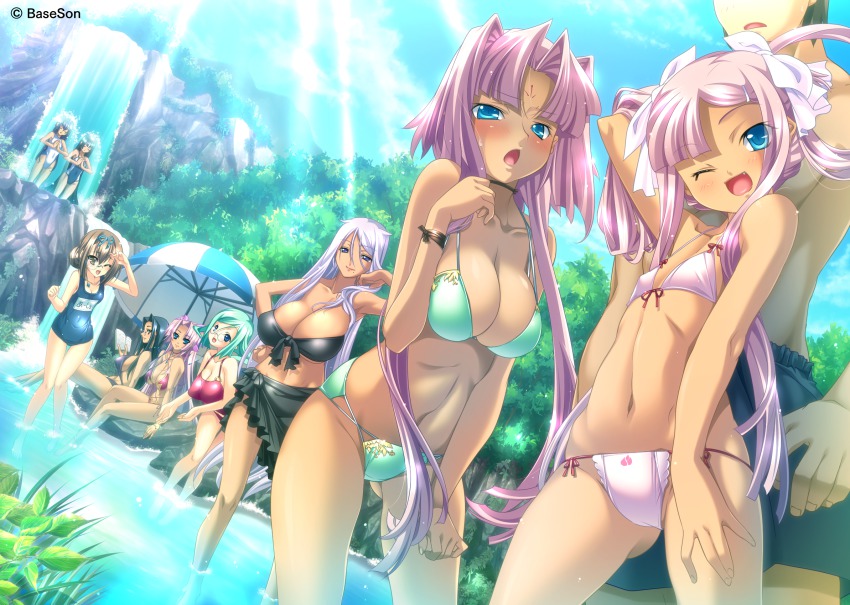1boy 6+girls bikini blue_eyes blush breasts choker cleavage dark_skin envy flat_chest front-tie_top game_cg hair_intakes highres hikage_eiji hip_bones hongou_kazuto kannei_(koihime_musou) katagiri_hinata koihime_musou kougai_(koihime_musou) large_breasts light_rays long_hair midriff multiple_girls navel one-piece_swimsuit one_eye_closed parasol pink_hair rikuson_(koihime_musou) round_eyewear ryomou_(koihime_musou) sarong school_swimsuit shuutai_(koihime_musou) shuuyu_(koihime_musou) side-tie_bikini_bottom sitting sonken_(koihime_musou) sonsaku_(koihime_musou) sonshoukou_(koihime_musou) string_bikini submerged sunbeam sunlight swimsuit tan umbrella very_long_hair wading water waterfall