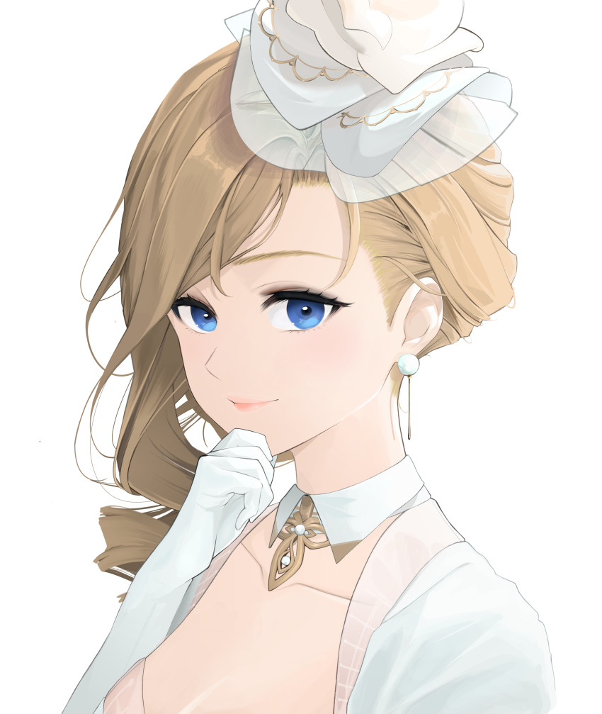 1girl absurdres asymmetrical_hair azur_lane blue_eyes brown_hair commentary earrings english_commentary flower from_side gloves hair_over_shoulder hand_on_own_chin highres hood_(azur_lane) hood_(dawnlight&#039;s_dame)_(azur_lane) jewelry long_hair looking_at_viewer official_alternate_costume pearl_earrings rose scarfpen01 simple_background solo upper_body white_background white_flower white_gloves white_rose