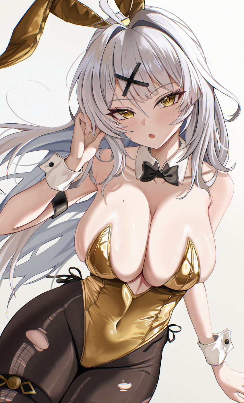 1girl absurdres alternate_costume animal_ears bare_shoulders black_bow black_bowtie black_pantyhose blush bow bowtie breasts cleavage collar collarbone commentary covered_navel detached_collar fake_animal_ears gold_leotard highres large_breasts leotard long_hair looking_at_viewer open_mouth pantyhose purple_eyes rabbit_ears simple_background solo strapless strapless_leotard torn_clothes torn_pantyhose very_long_hair white_background white_collar white_hair white_wrist_cuffs wrist_cuffs yellow_eyes yixuan_(zenless_zone_zero) zenless_zone_zero zzirit6