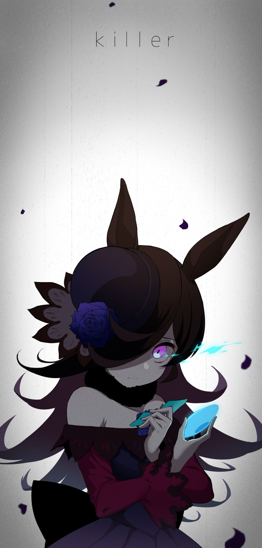 1girl absurdres animal_ears back_bow black_bow black_hair blue_dress blue_flower blue_hat blue_ribbon blue_rose bow closed_mouth commentary dress english_text flower frown fur_collar glowing glowing_eye haibarasaika hair_over_one_eye hat hat_flower highres holding horse_ears horse_girl large_bow long_hair long_sleeves looking_at_viewer off-shoulder_dress off_shoulder purple_eyes ribbon rice_shower_(umamusume) rose solo tilted_headwear umamusume