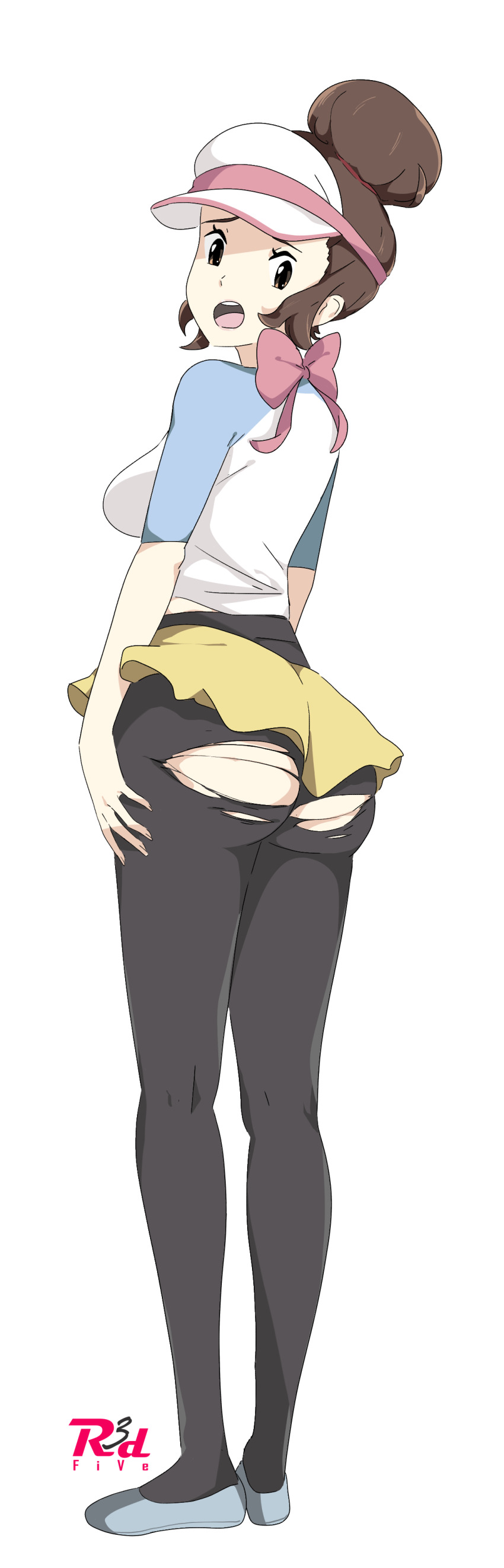 1girl absurdres artist_logo ass bow breasts brown_eyes cosplay from_behind full_body hair_bun highres large_breasts logo long_sleeves looking_back mature_female miniskirt mother_(pokemon) nintendo open_mouth pantyhose pink_bow pokemon pokemon_bw2 r3dfive raglan_sleeves rosa_(pokemon) rosa_(pokemon)_(cosplay) shoes short_hair simple_background skirt solo torn_clothes torn_pantyhose unova_mother_(bw2) visor_cap wardrobe_malfunction white_background yellow_skirt