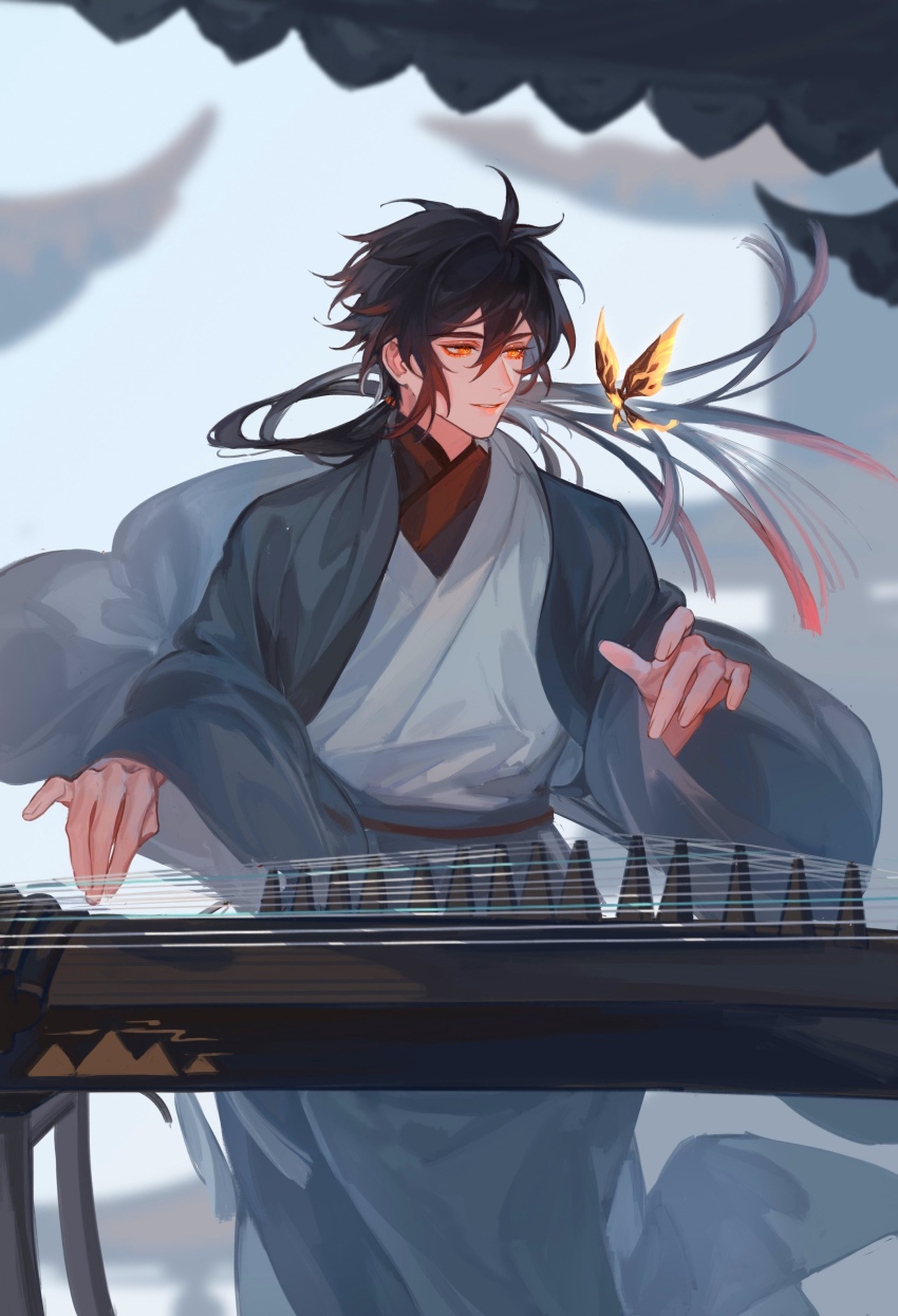 1boy absurdres alternate_costume architecture chinese_clothes crystalfly_(genshin_impact) donaldakron east_asian_architecture genshin_impact geo_crystalfly guzheng hanfu highres male_focus solo solo_focus zhongli_(genshin_impact)